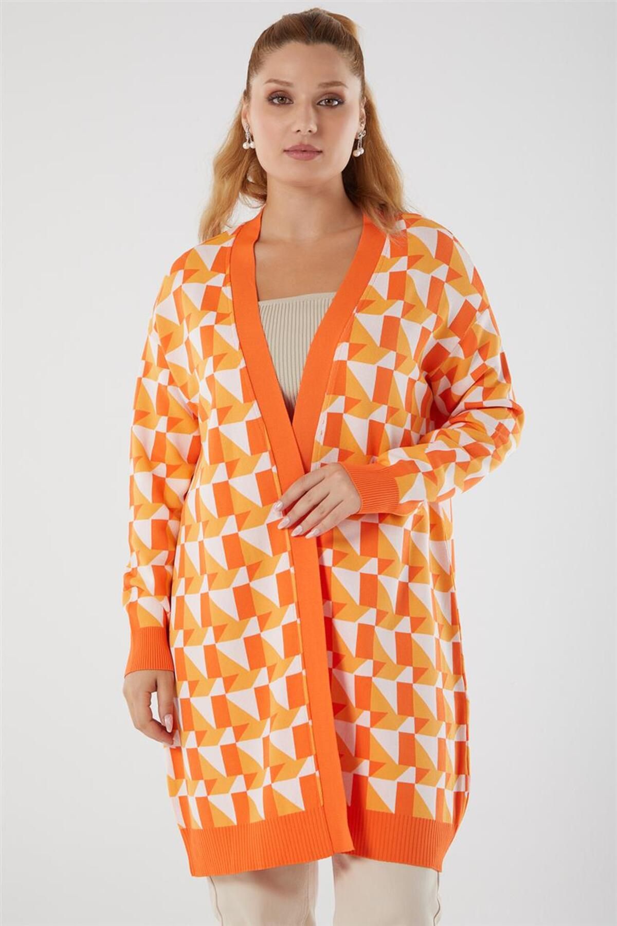 Tığ Triko Geometrik Desenli Oranj Rayon Hırka