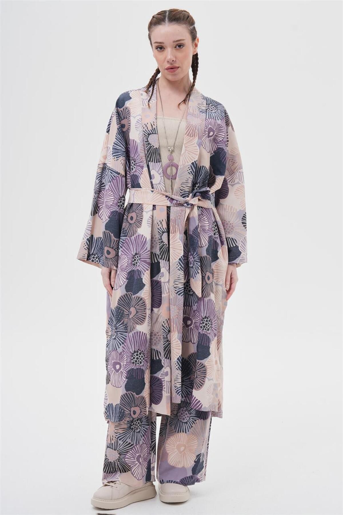 Levidor İkili Takım Keten Çiçekli Kimono-Mavi 100056-R191