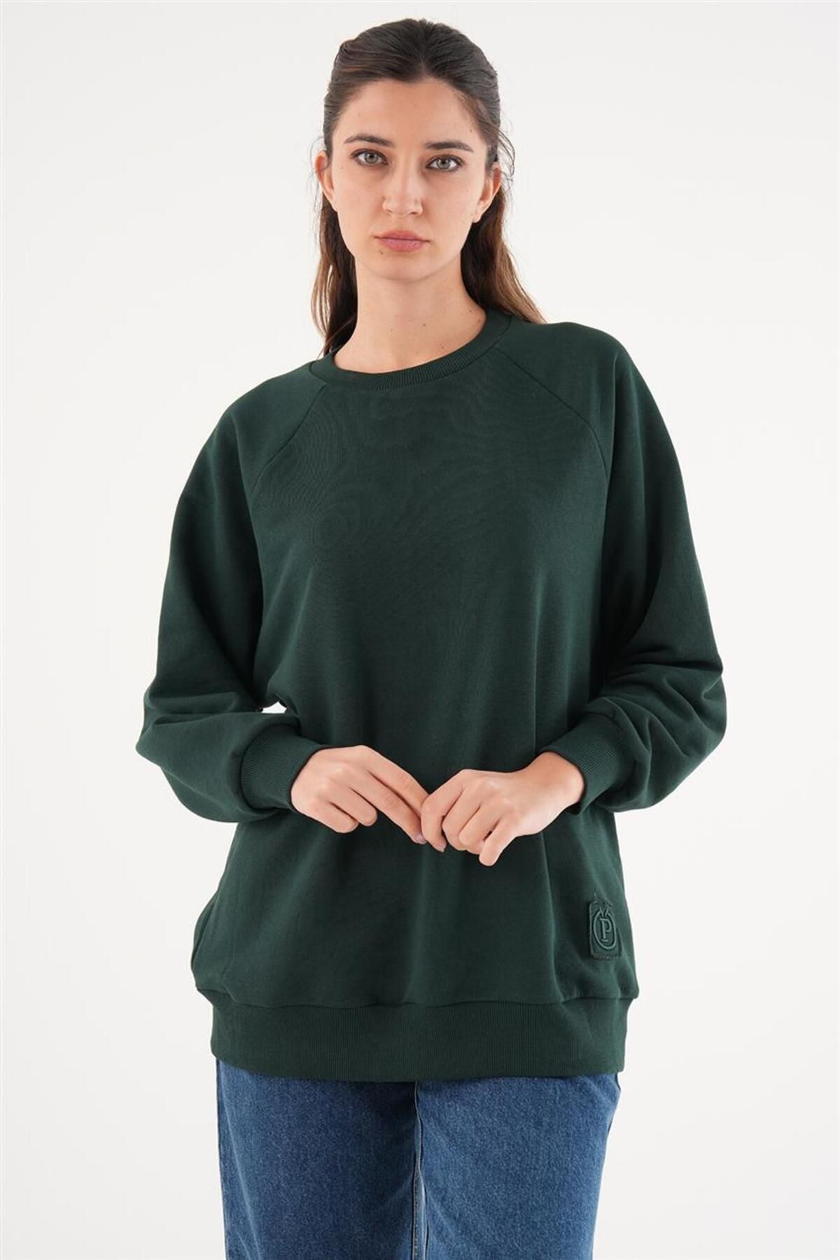 Loreen Reglan Kol Basic Koyu Yeşil Sweatshirt
