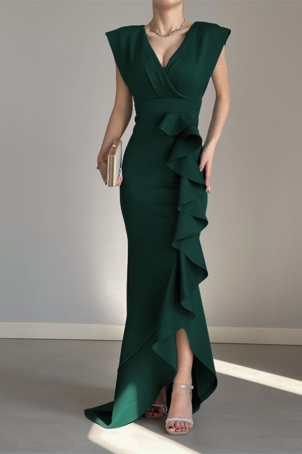 ALFUDO Moda Collection Kadın Renkli Scuba Dalgıç Kumaş Kruvaze Yaka Eteği Volanlı Abiye Mezuniyet Nikah Elbise