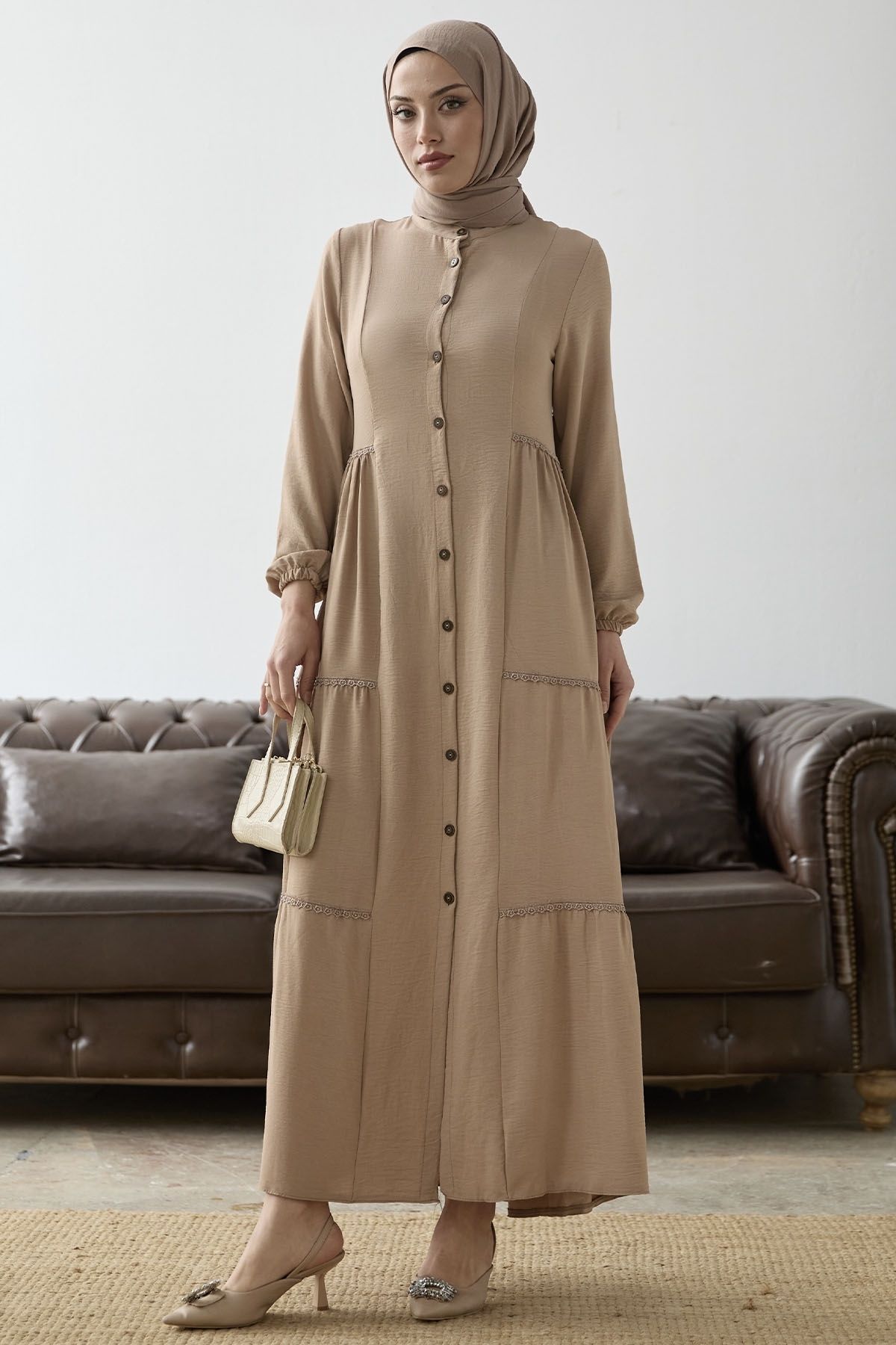 InStyle Düğmeli Güpürlü Ayrobin Elbise - Bej