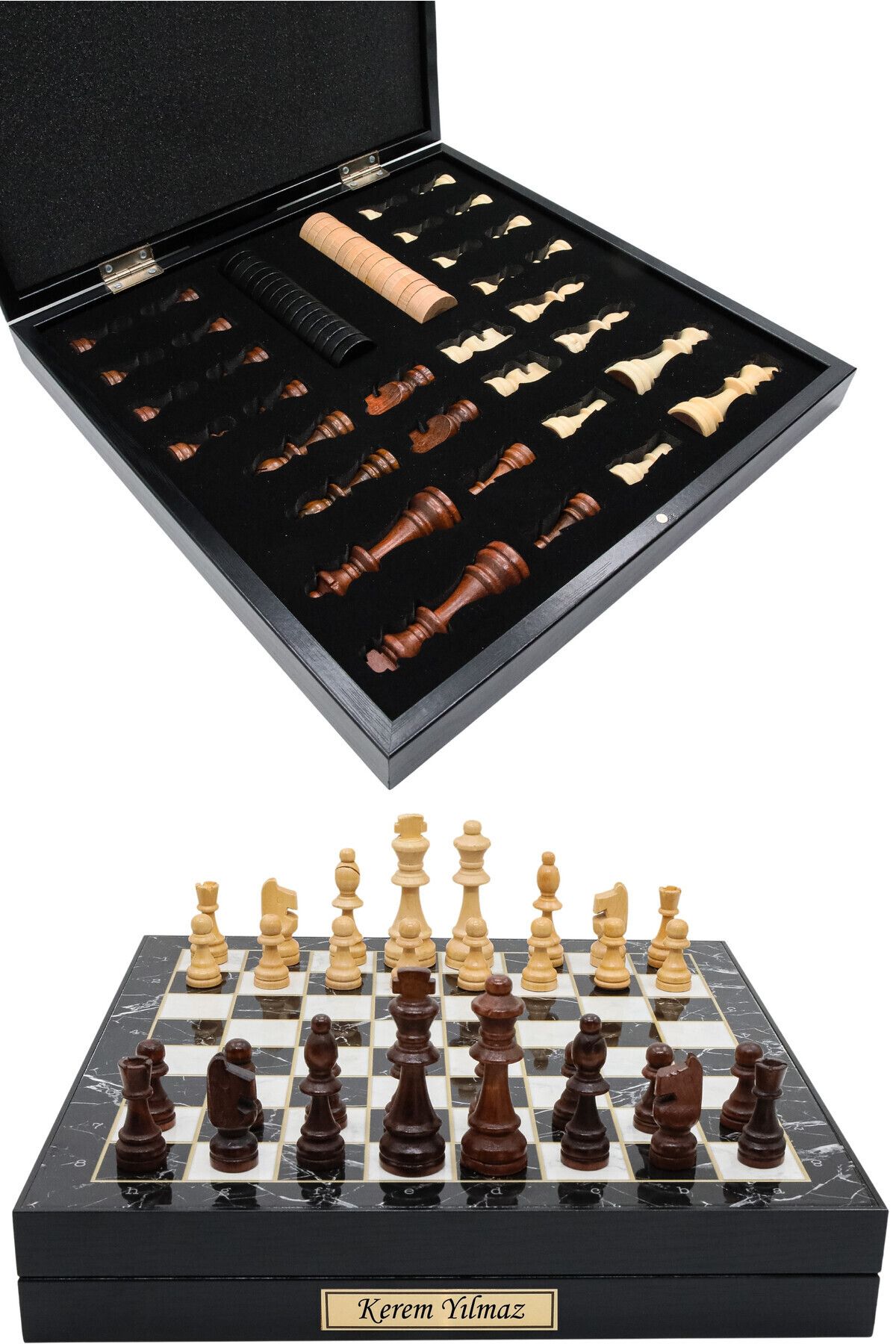 Cooper Chess Kutulu Ahşap Satranç ve Dama Takımı | Kişiye Özel Metal Etiketli | 36cm Ahşap Mermer Desenli Satranç
