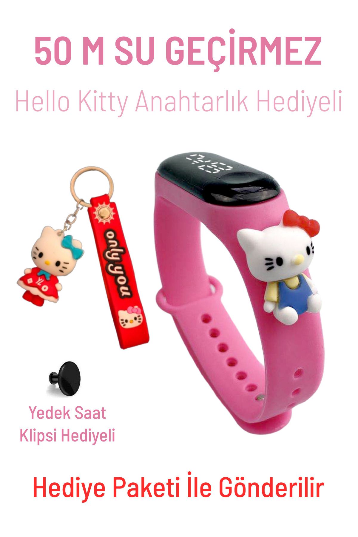 Q-TİME Hello Kitty Figürlü Led Dokunmatik Ekranlı Su Geçirmez Dijital Çocuk Kol Saati (Anahtarlık Hediyeli)