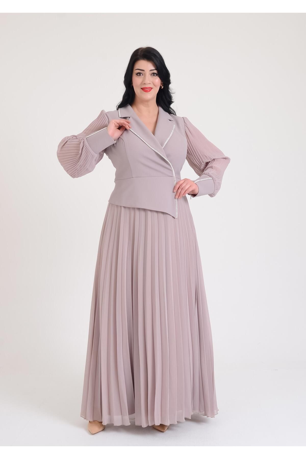 SpringStore Vizon Sim Şeritli Eteği Piliseli Büyük Beden Abiye Elbise