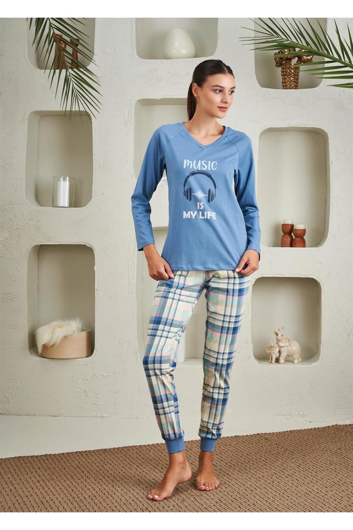 Relax Mode Kadın V Yaka Penye Pijama Takım - 10748