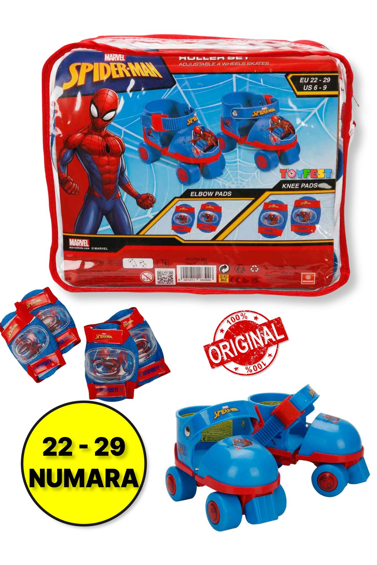 TOYFEST Spiderman Çantalı Dizlik ve Dirseklikli 4 Teker Paten Seti - (22 - 29 Numara için Ayarlanabilir)