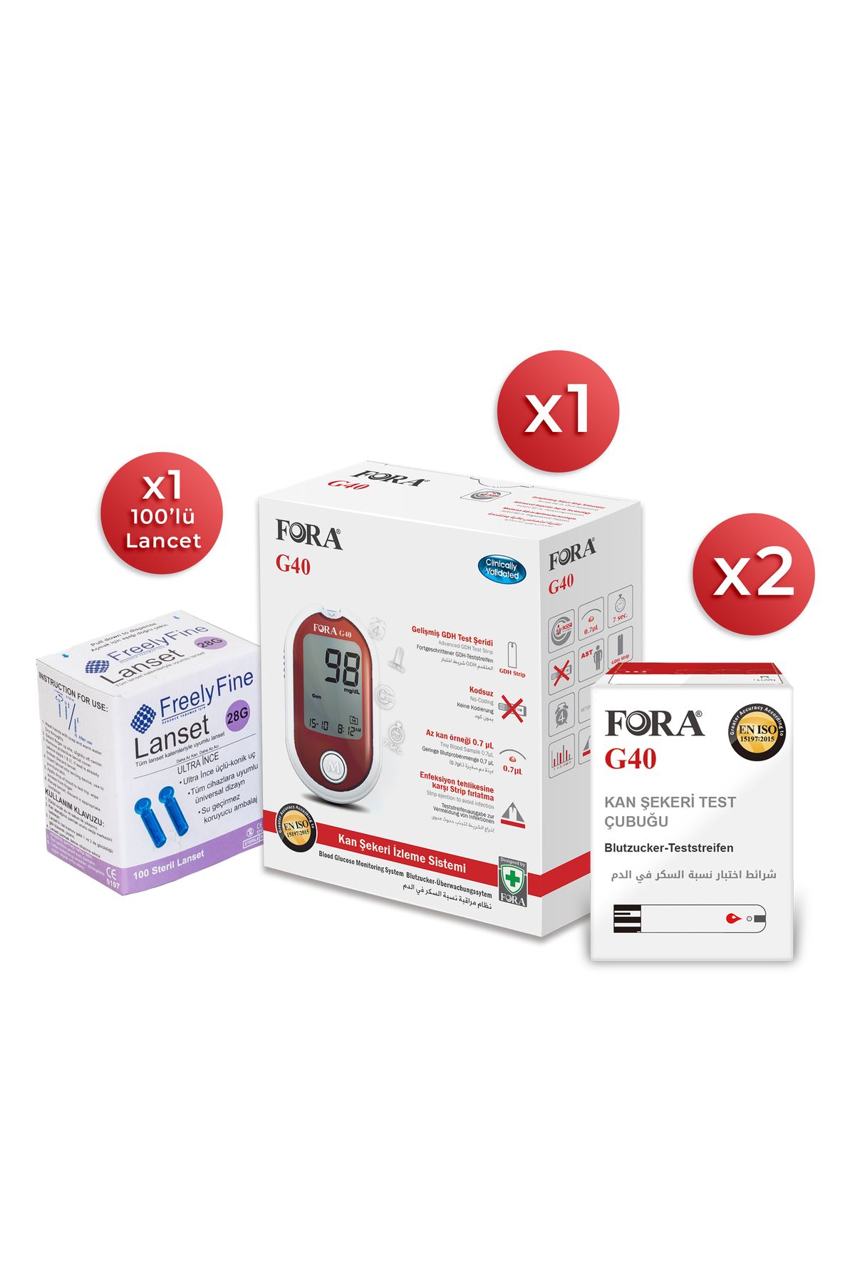 FORA G40 Şeker Diabet Ölçüm Cihazı + 100 Strip + 100 Lancet Parmak Delme İğnesi