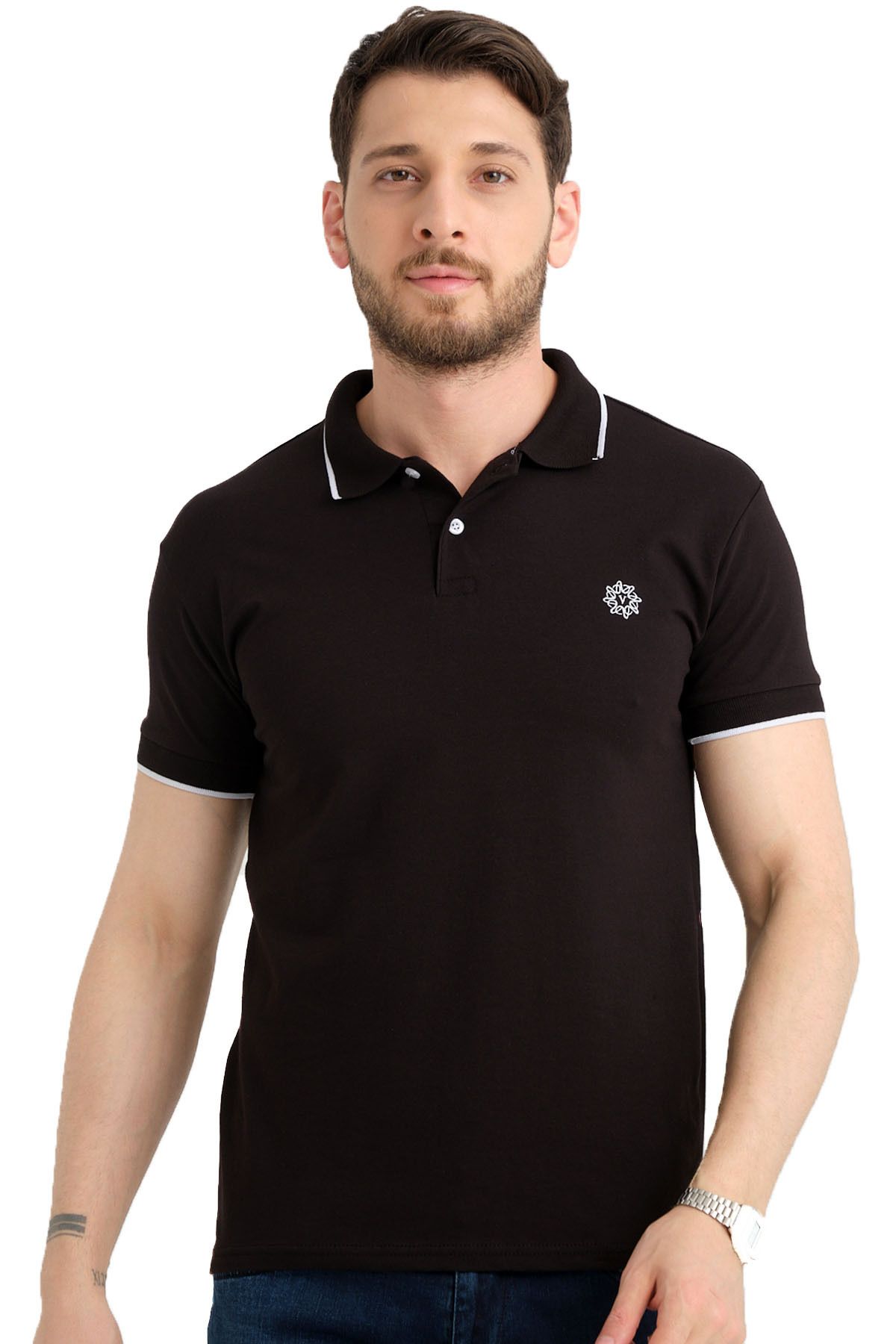 Varetta Erkek Siyah Polo Yaka Biyeli Yazlık Pamuklu Kısa Kollu T shirt