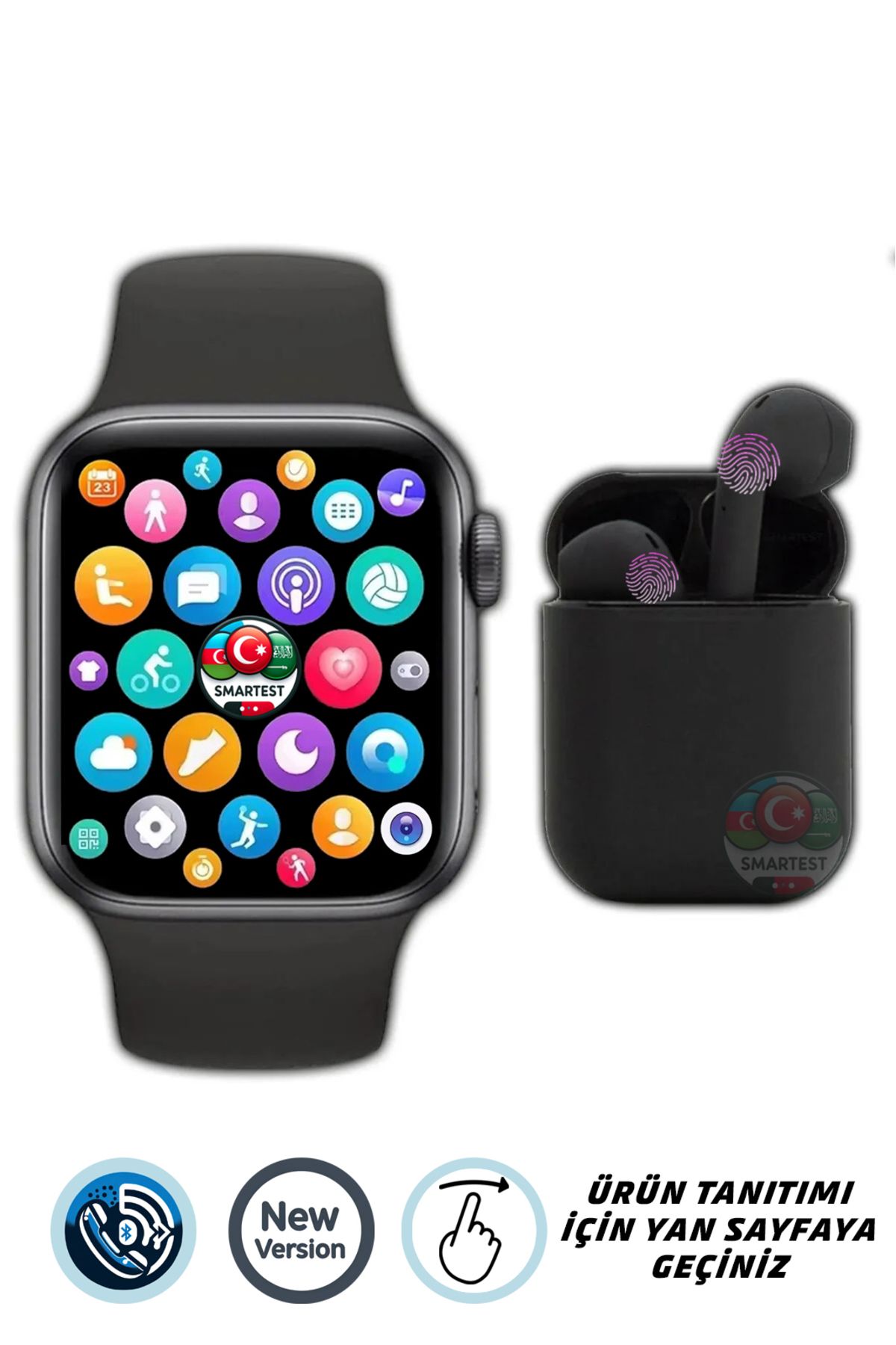SMARTEST Arama Özellikli ve Tüm Telefonlarla Uyumlu Türkçe Yeni Versiyon Akıllı Saat ve Bluetooth Kulaklık