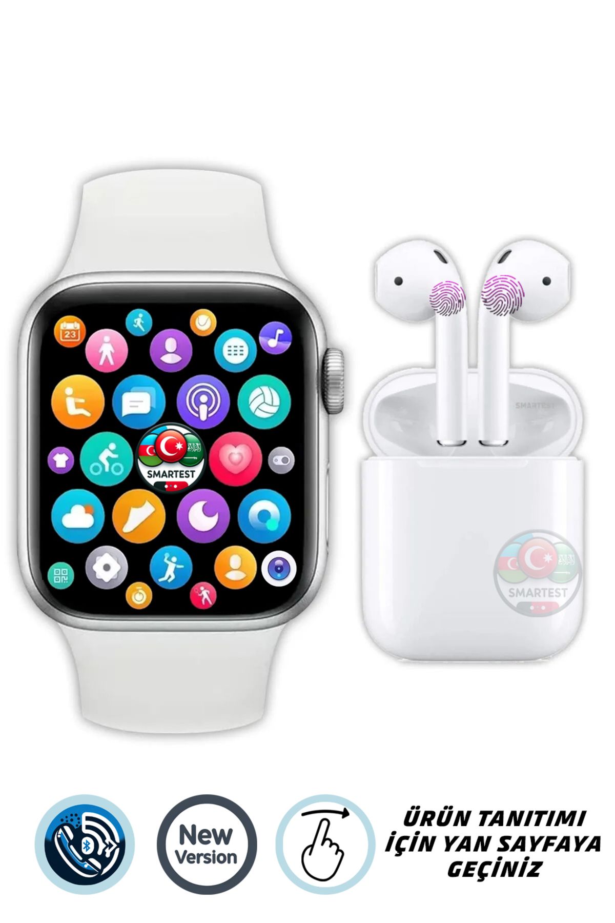 SMARTEST Arama Özellikli ve Tüm Telefonlarla Uyumlu Türkçe Yeni Versiyon Akıllı Saat ve Bluetooth Kulaklık
