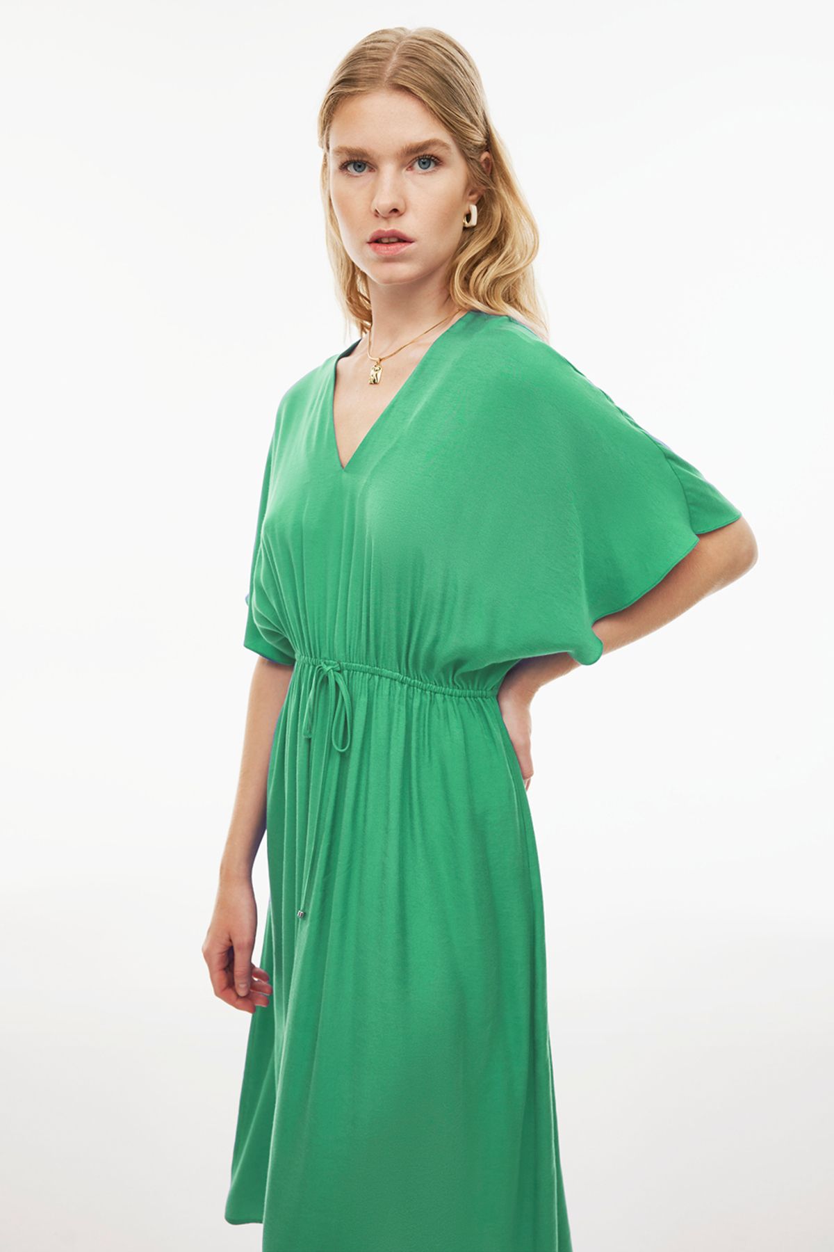 Perspective Caels Regular Fit Diz Altı Yarasa Kol V-Yaka Mint Renk Elbise