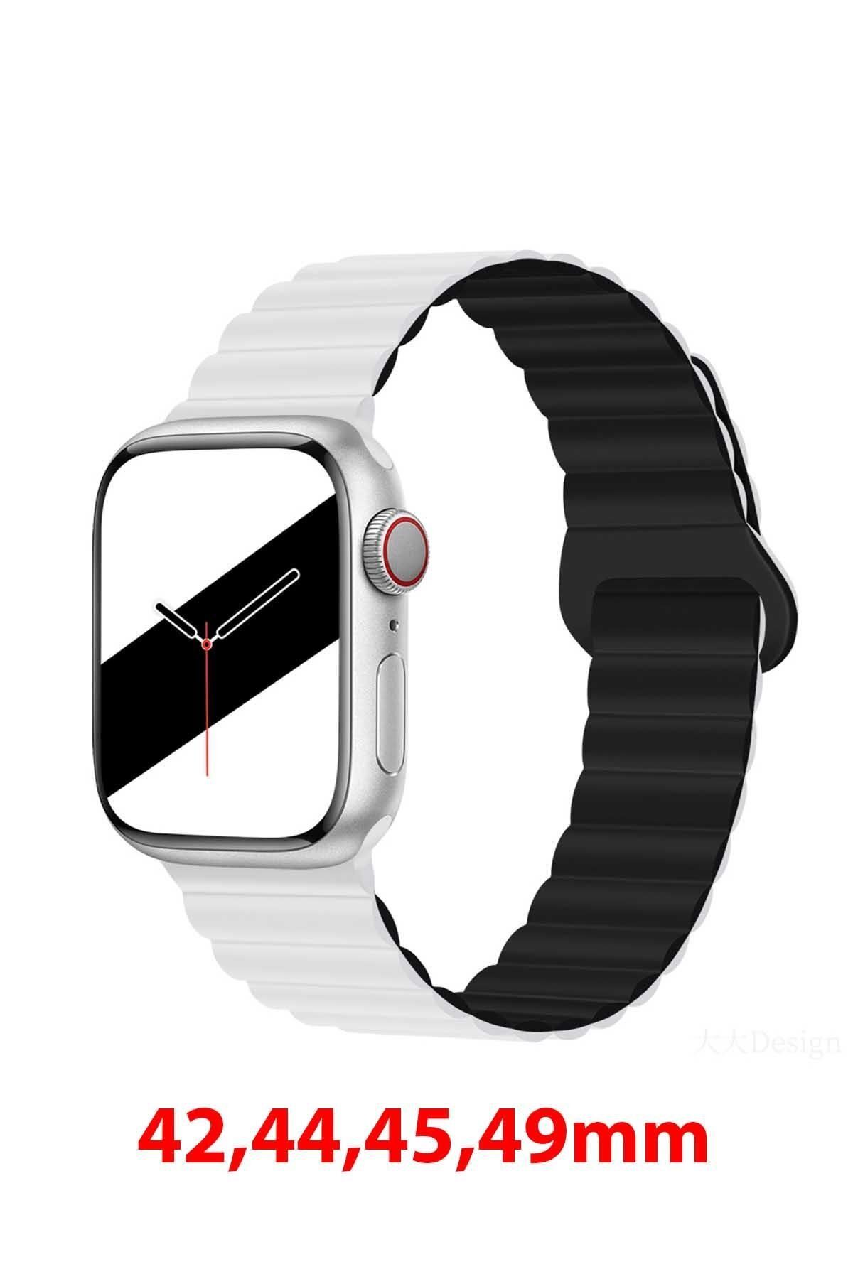 ShinyTECH Apple Watch Uyumlu Manyetik Silikon Loop Kordon Beyaz/siyah