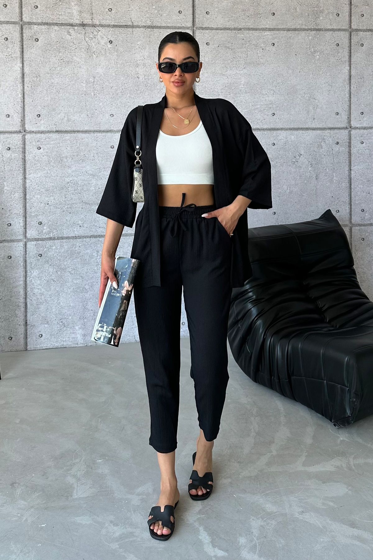 MODAGEN Kadın Siyah Kimono Alt Üst Havuç Pantolon Takım