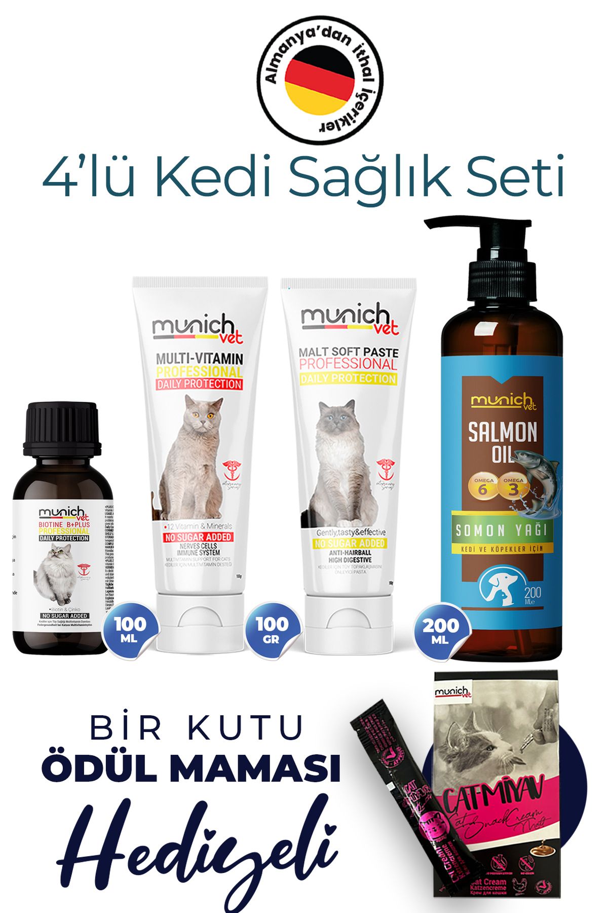 Munich Vet Kediler için 4'lü Set Biotine Plus & Balık Yağı & Malt Paste & Multi Vitamin