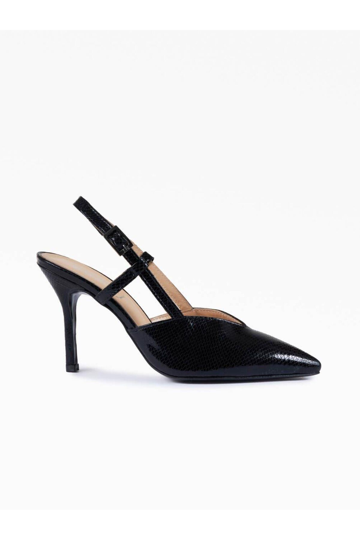 Favgi Lela Siyah Deri Kadın Topuklu Ayakkabı
