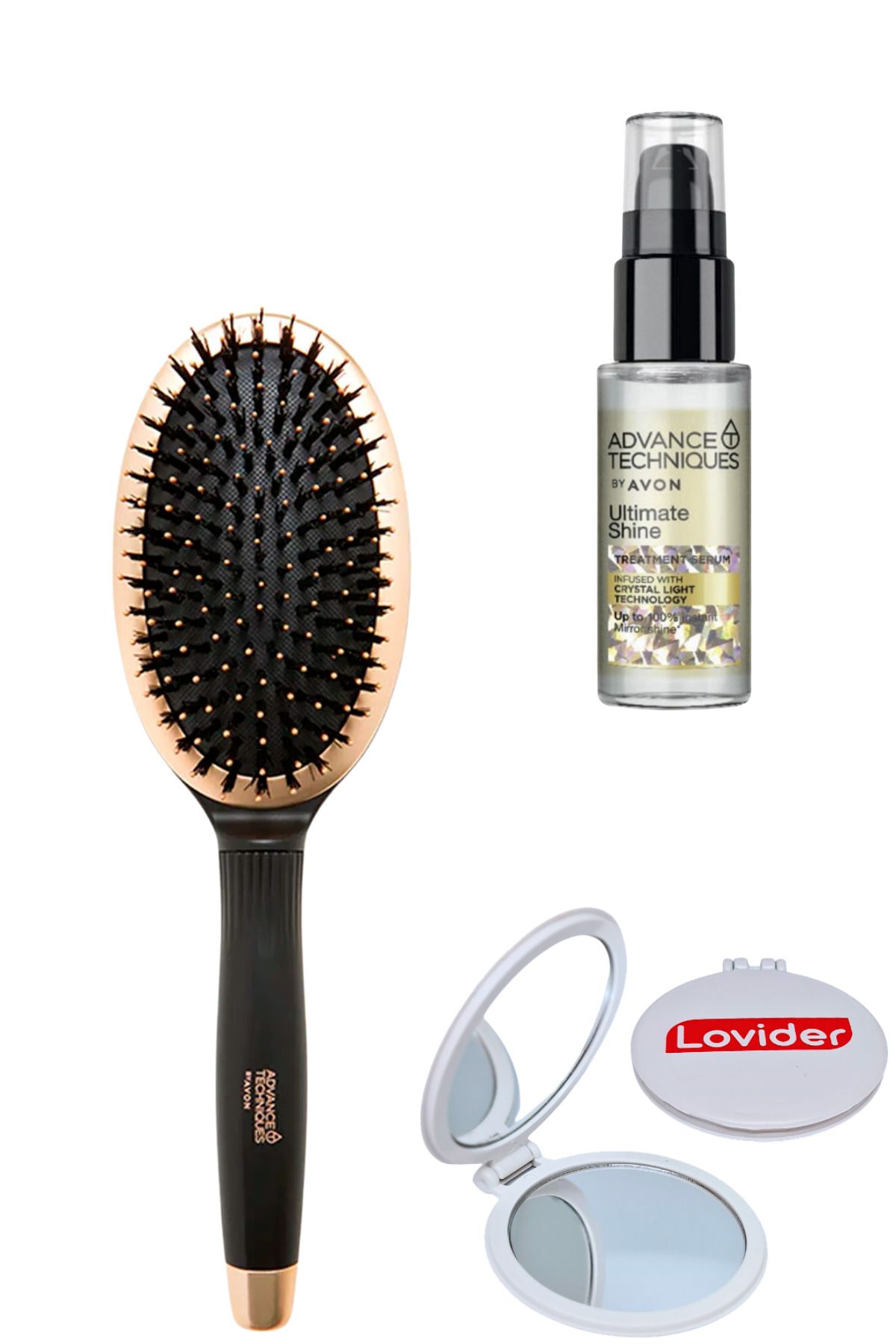 Avon Oval Saç Fırçası + Parlaklık Veren Saç Serumu 30ml + Lovider Cep Aynası