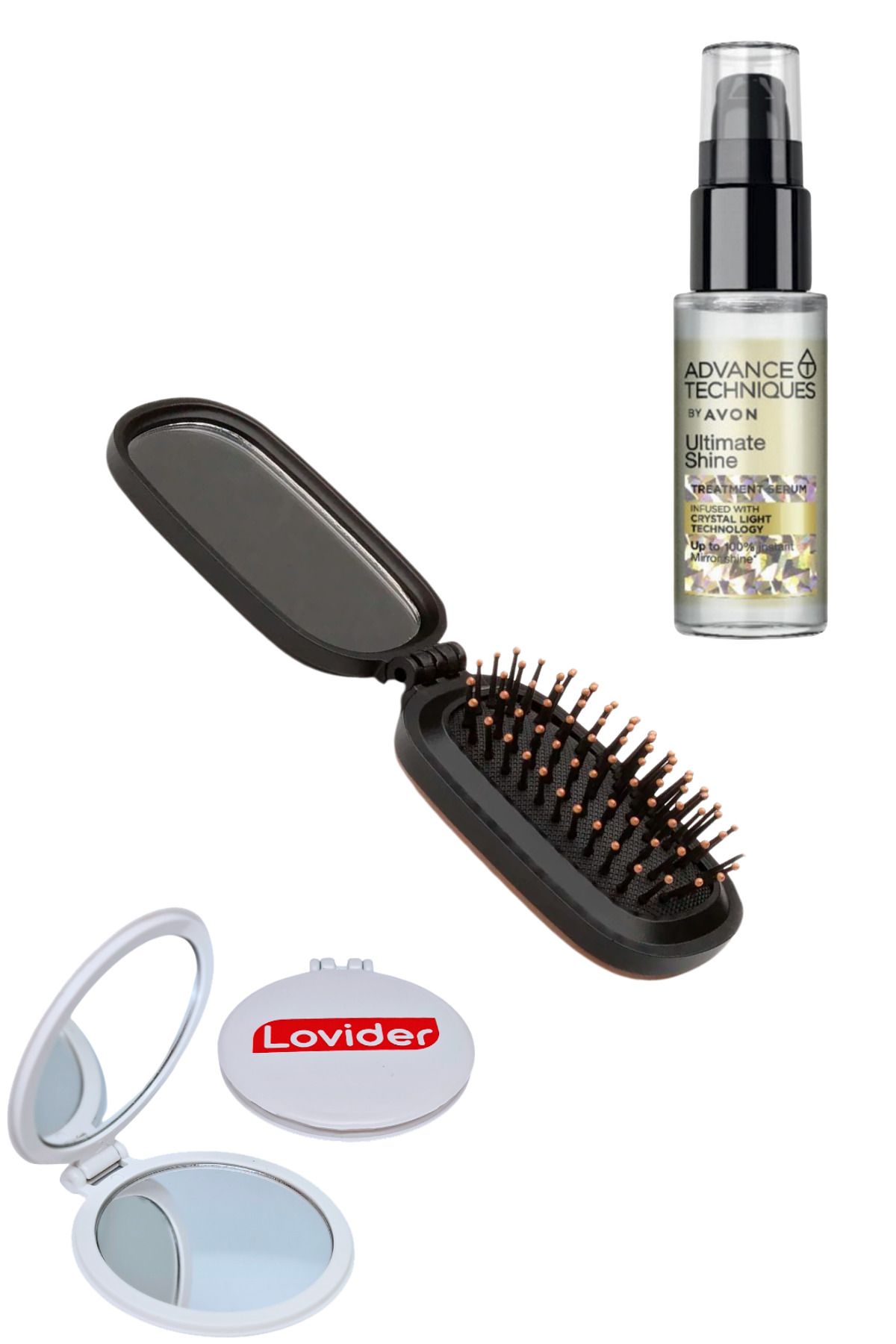 Avon Katlanabilir Aynalı Saç Fırçası + Parlaklık Veren Saç Serumu 30ml + Lovider Cep Aynası