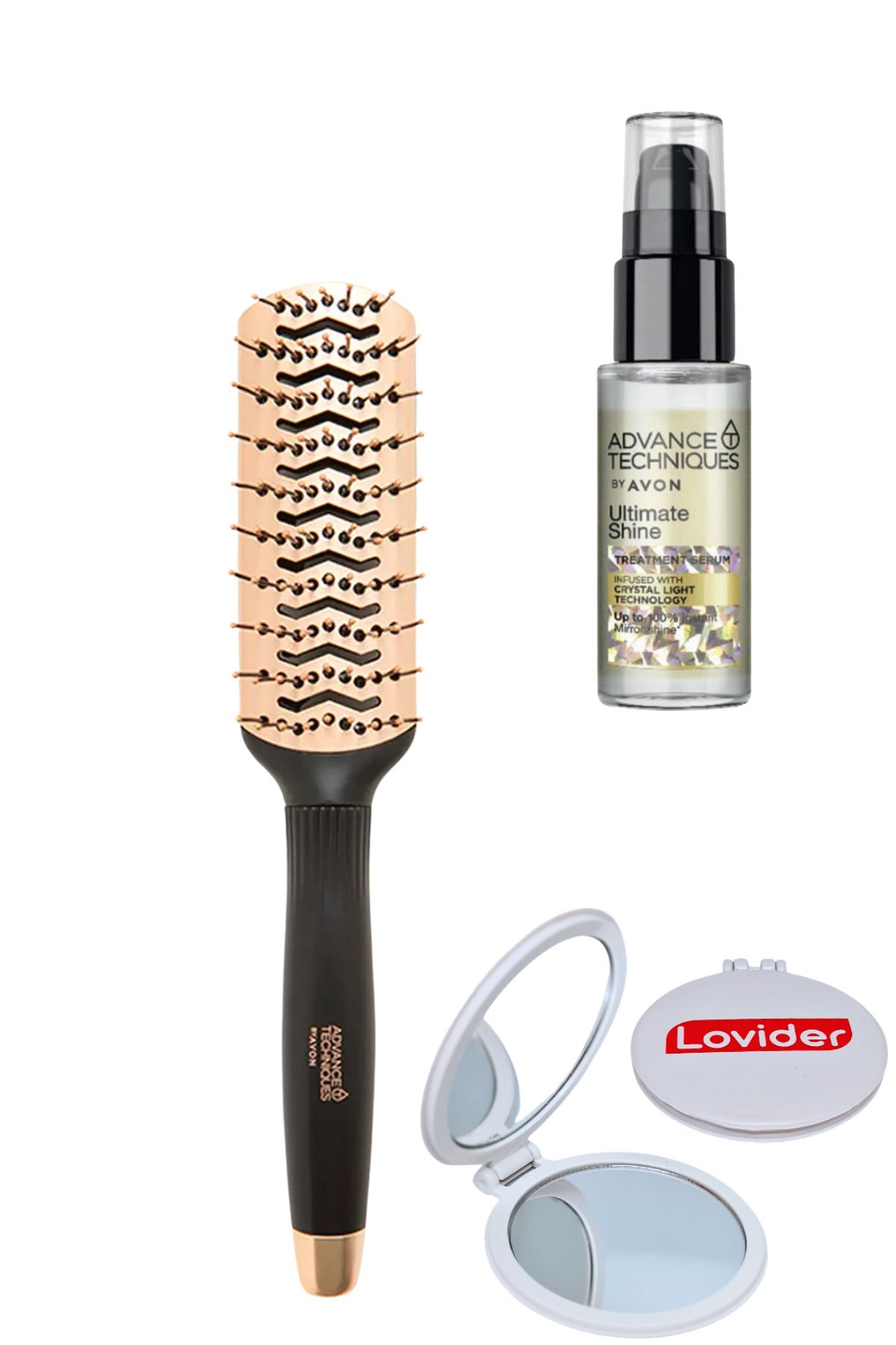 Avon Vent Saç Fırçası + Parlaklık Veren Saç Serumu 30ml + Lovider Cep Aynası