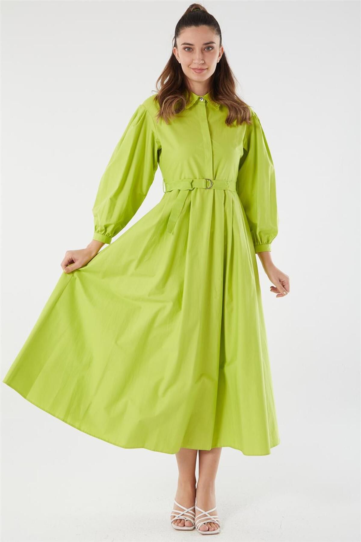Kayra Balon Kol Fıstık Yeşili Elbise