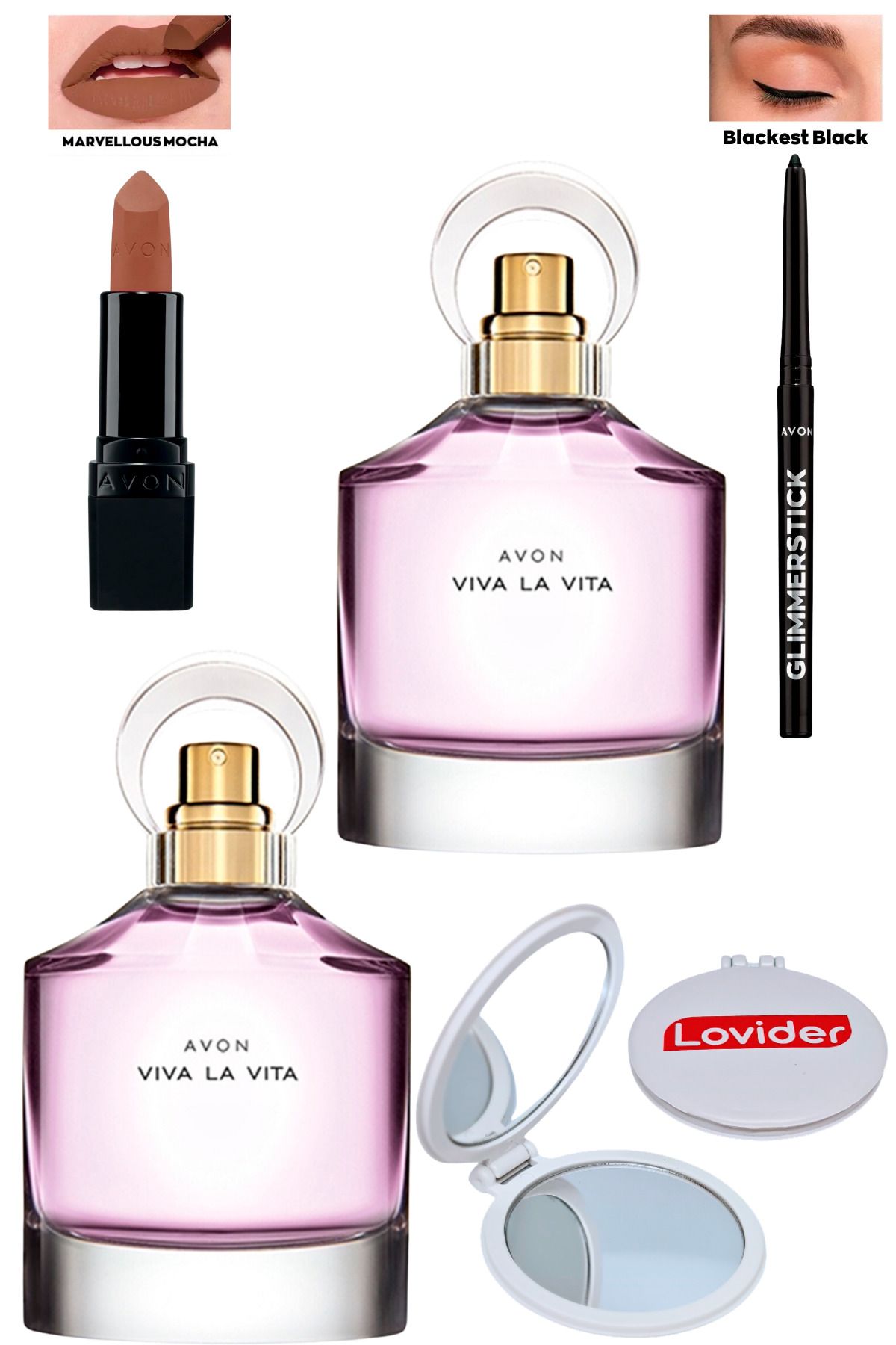 Avon Viva La Vita Kadın Parfüm 50ml x 2 Adet + Marvellous Mocha Ruj + Siyah Göz Kalemi + Lovider Ayna