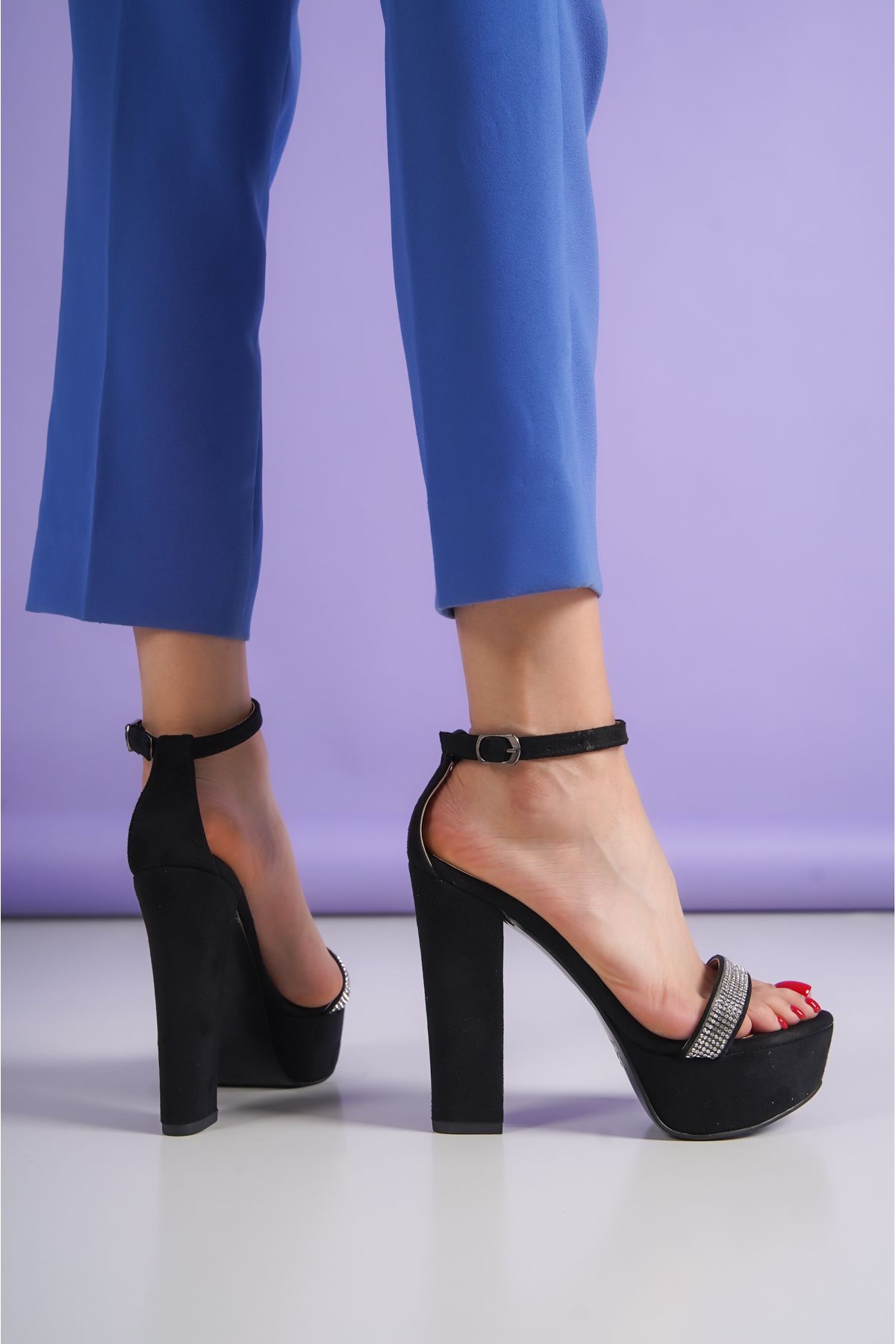 ayakkabıhavuzu Siyah Tek Bant Taşlı Kadın  Platform Topuklu Ayakkabı  16cm