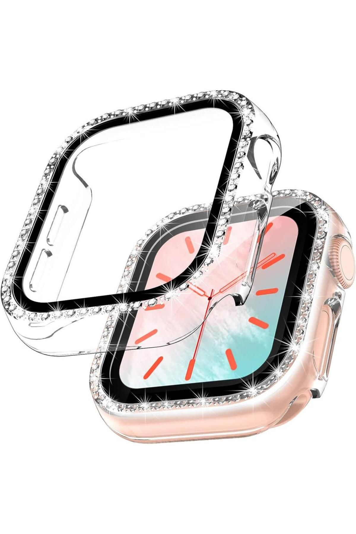 UnDePlus Apple Watch 7 8 9 45mm Ekran Koruyuculu Tek Sıra Kenar Taşlı Sert PC Kasa Koruyucu