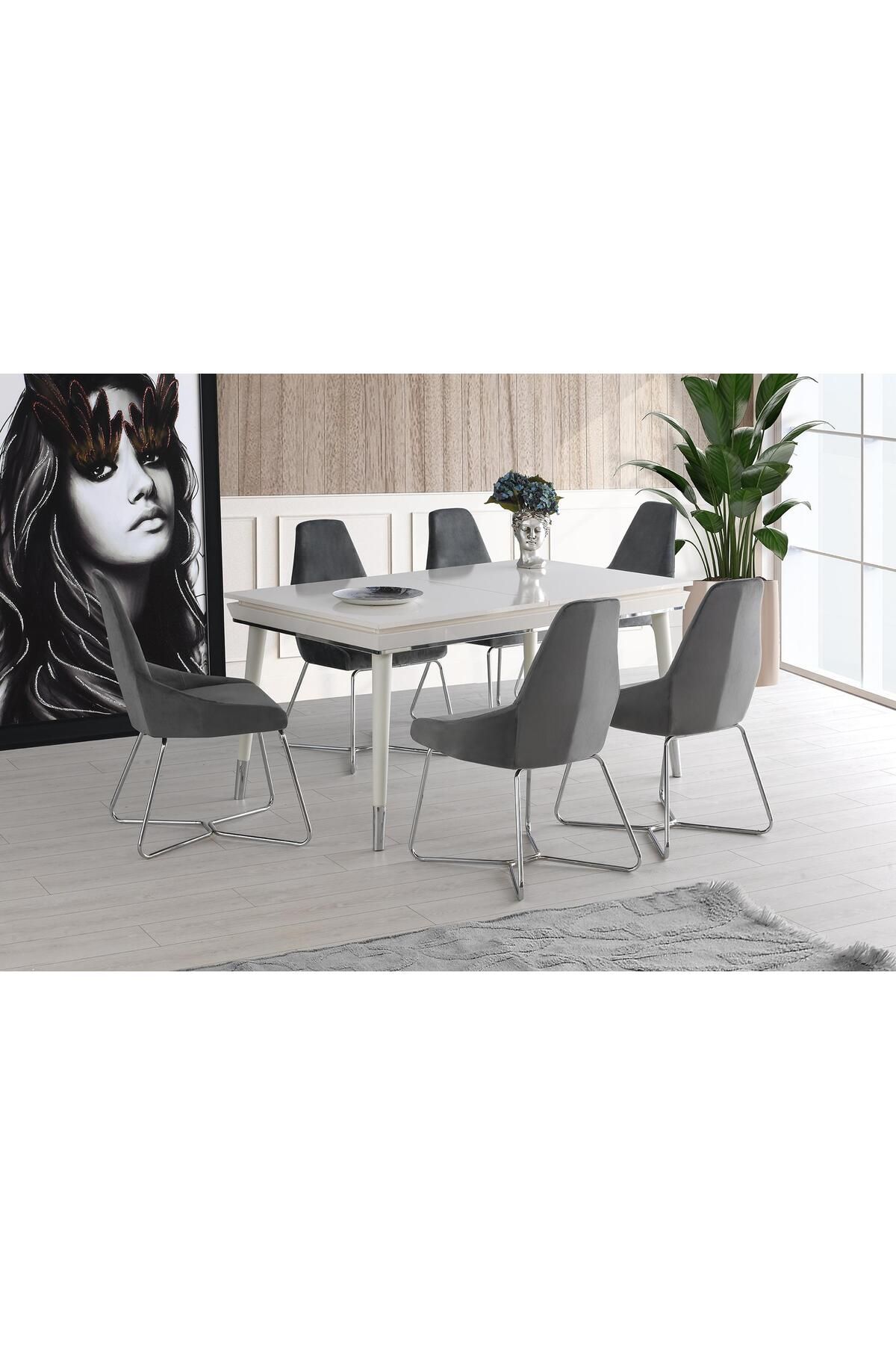 Sweet Home Masa Sandalye Açılır Roma Salon Masası Ekru Desen + 6 Adet Juliet Sandalye Krom Metal Ayak