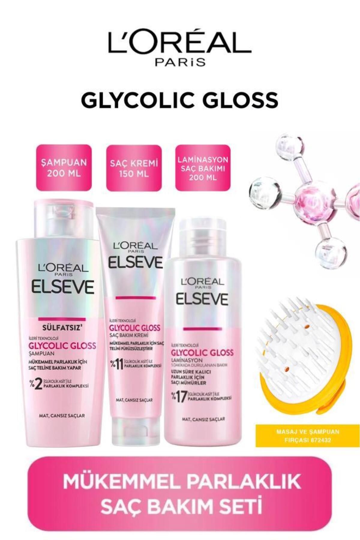 Elseve Glycolic Gloss Mükemmel Parlaklık Sağlayan Bakım Yapıcı Saç Bakım Seti 4