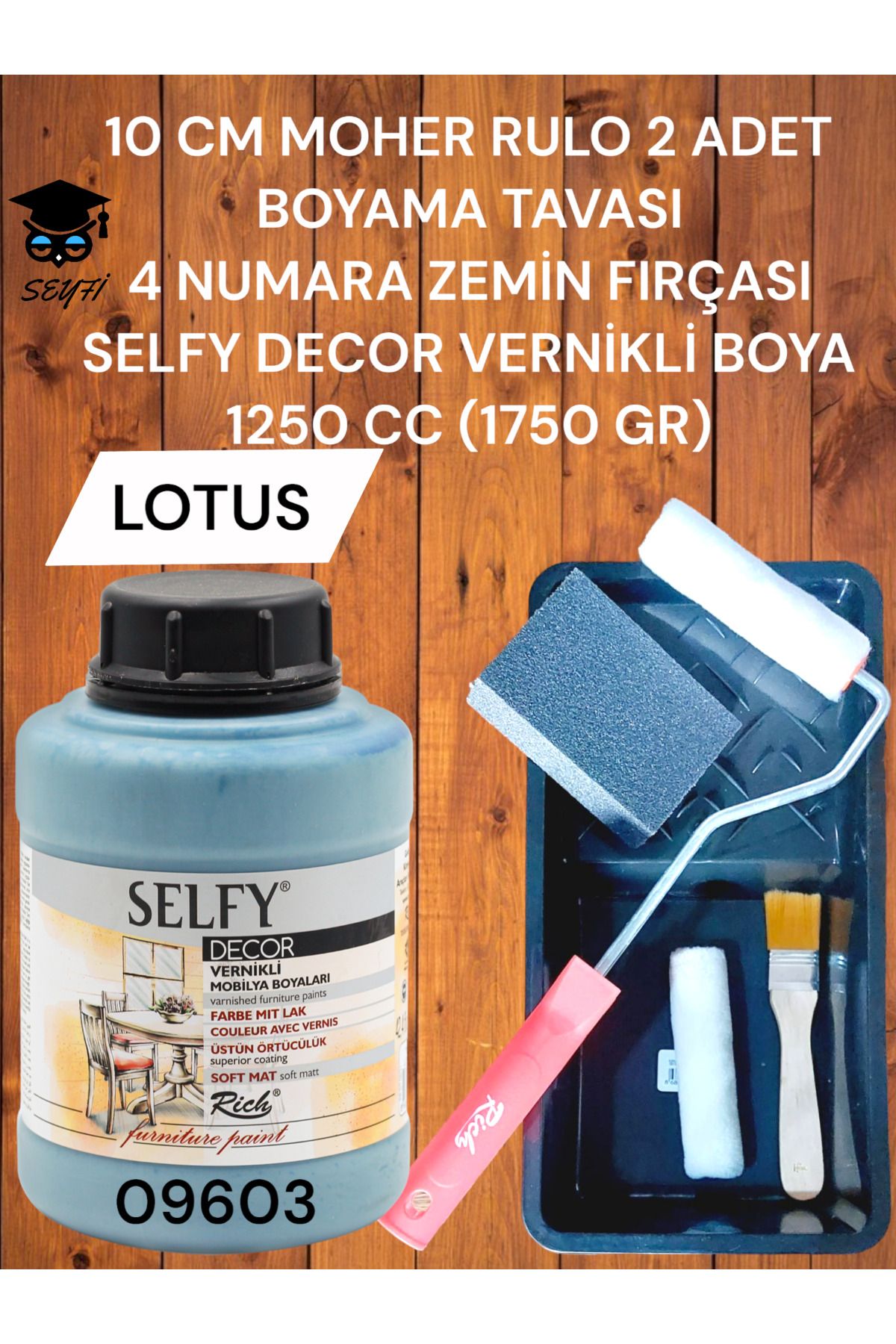 SEYFİKİRTASİYE Selfy Decor 1250 Cc (1750 Gr) Akrilik Kendinden Vernikli Dolap Boyama Seti rulo fırça tava zımpara