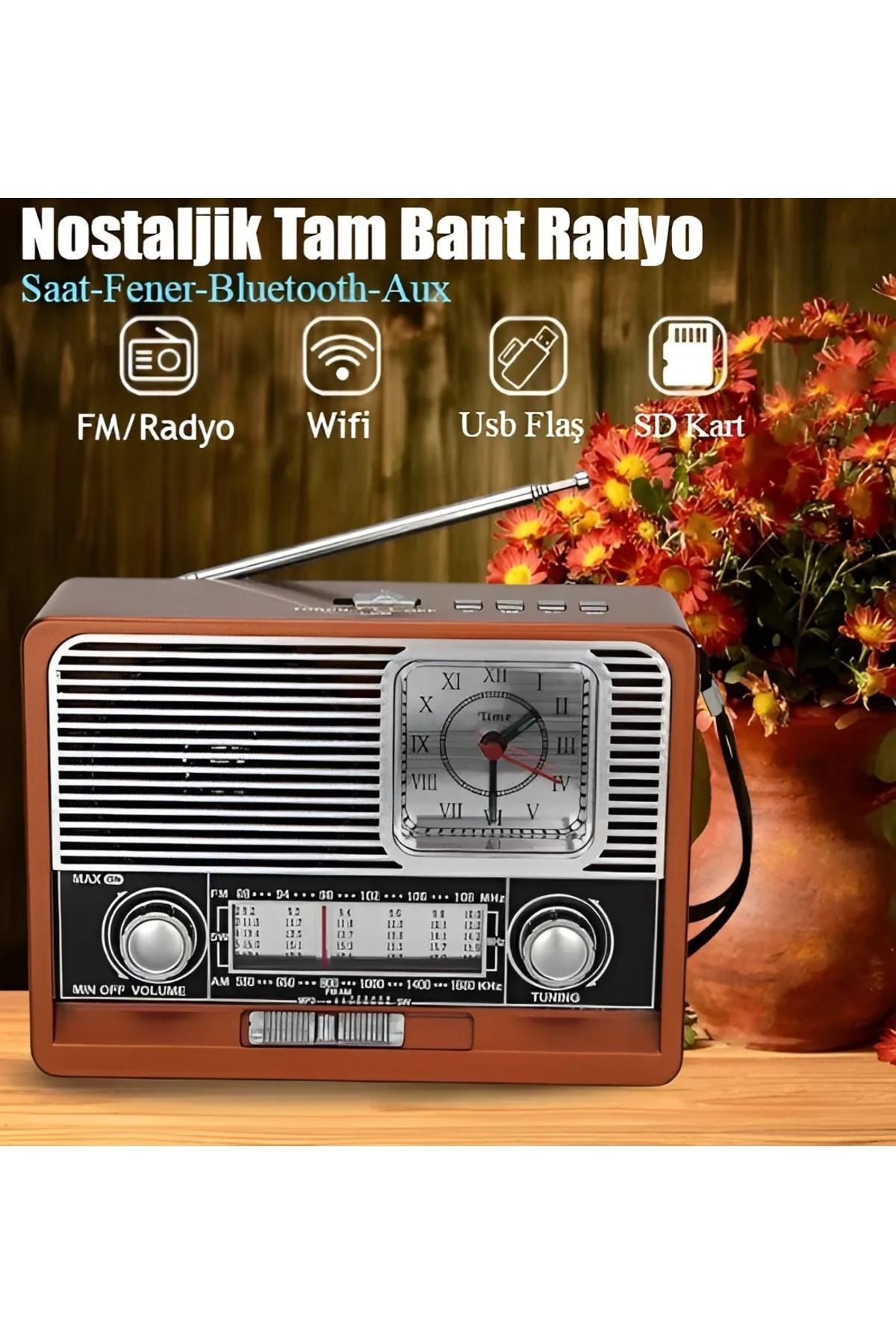 nextbuy Nostaljik Vintage Tam Bant Fm Radyo USB/AUX/SD Retro Bluetooth Hoparlör Saatli Fenerli Müzik Kutusu