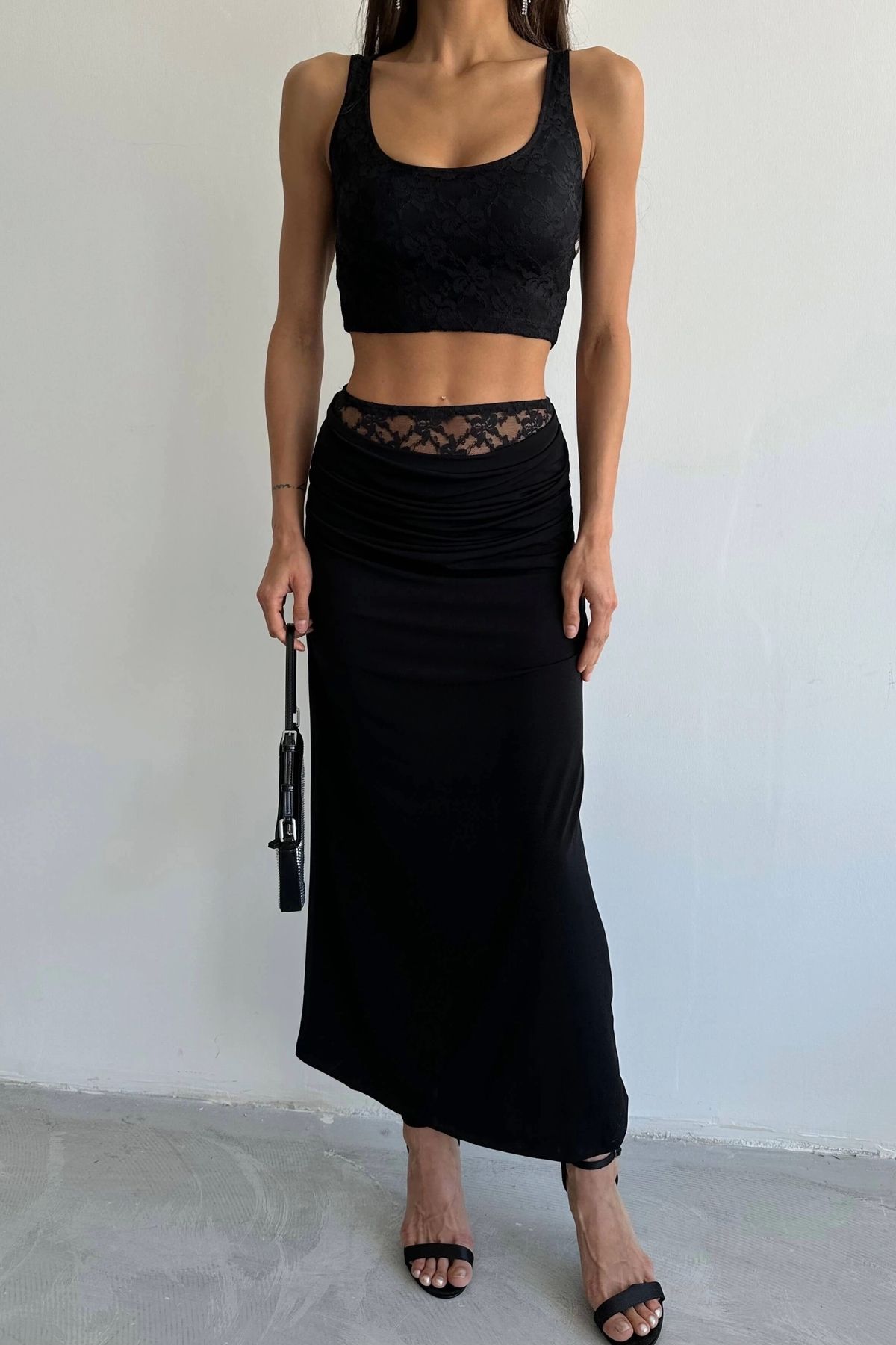 Eka Kadın Siyah Dantel Detay Elbise Crop Takım 1007-4641