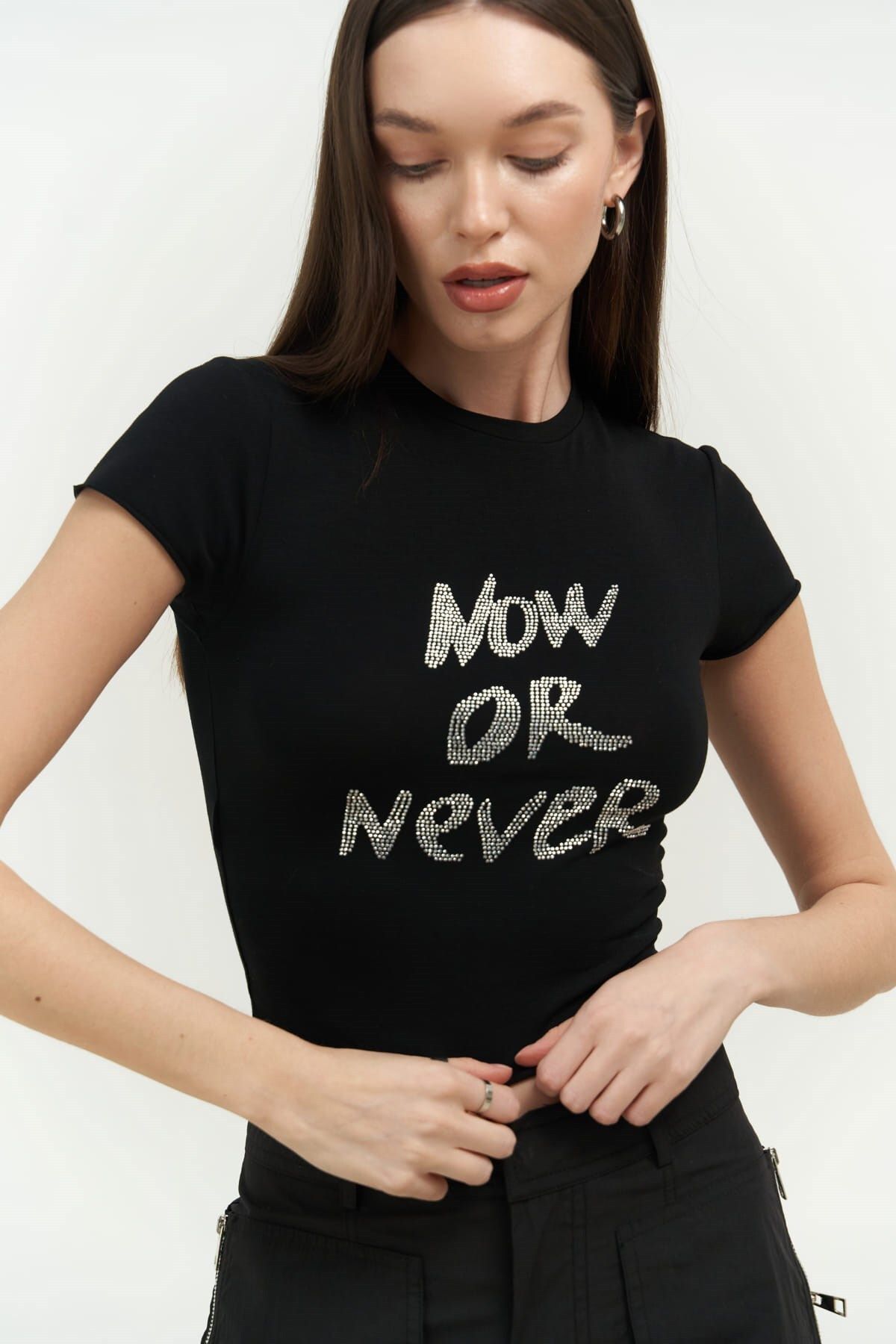 MAİ COLLECTİON Now Or Never Siyah Penye Crop
