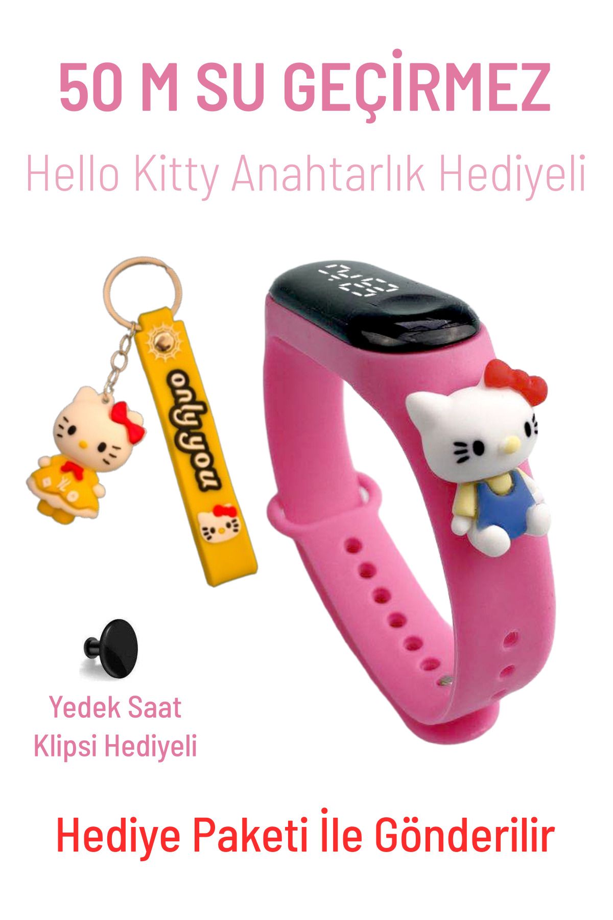 Q-TİME Hello Kitty Figürlü Led Dokunmatik Ekranlı Su Geçirmez Dijital Çocuk Kol Saati (Anahtarlık Hediyeli)