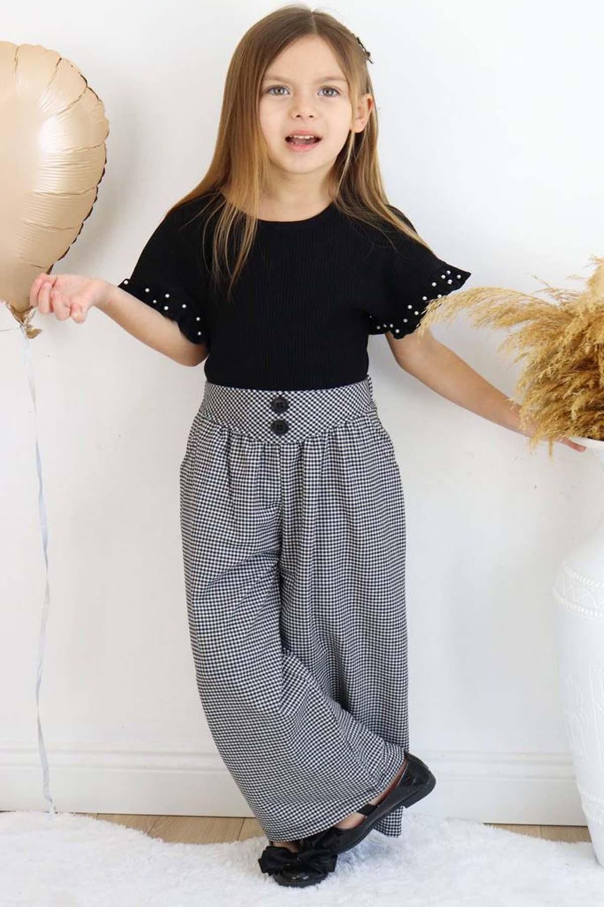 Riccotarz Kız Çocuk Kareli Bol Paça Pantolon ve İnci Boncuklu Siyah Alt Üst Takım