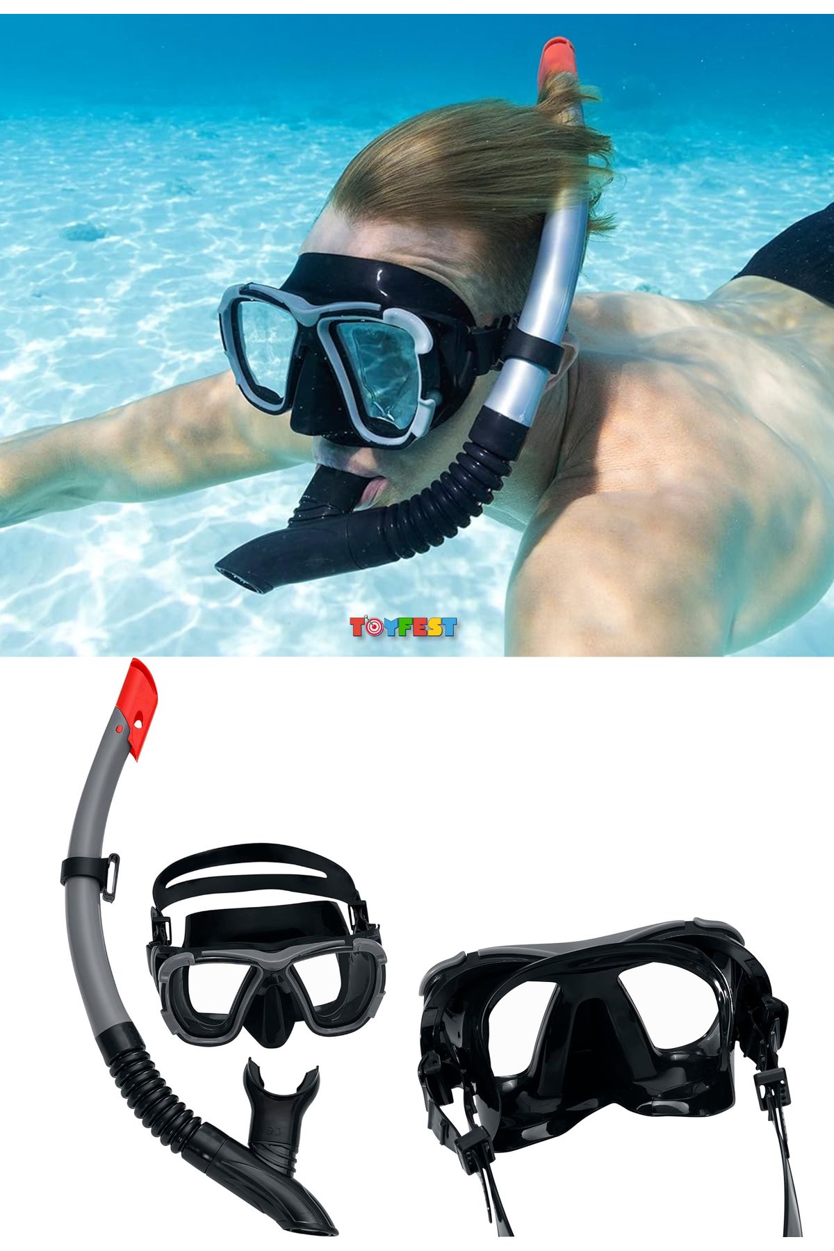 TOYFEST Blacksea Şnorkel Set Dalış Maskesi Deniz Havuz Yüzücü Gözlüğü Gözlük Maske - Siyah - (14 Yaş Üstü )