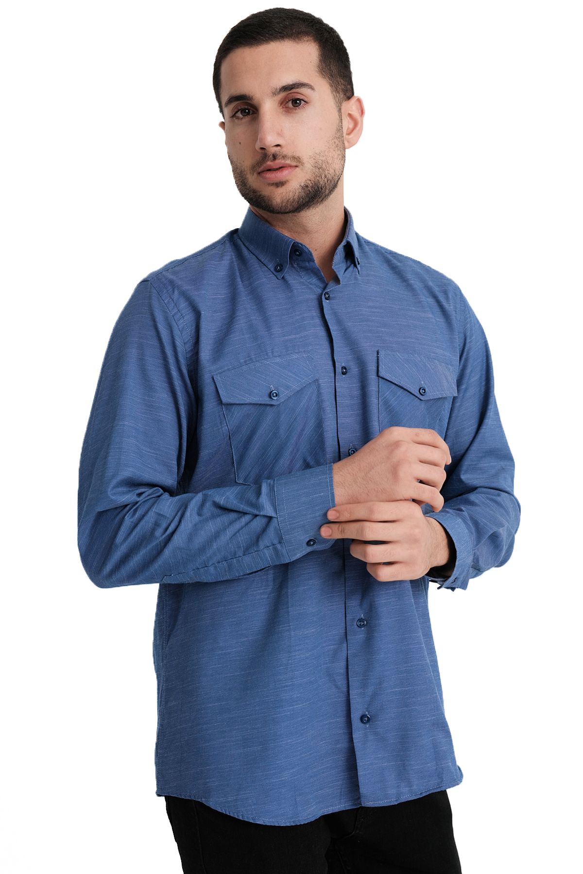 Varetta Erkek Diplomat Mavi Kapaklı Çift Cepli Düz Melanjlı Pamuklu Gömlek