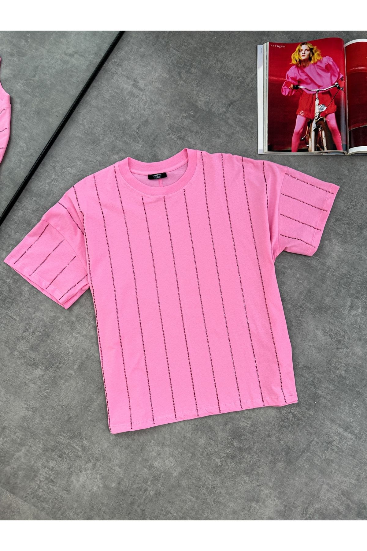 ESRAHELVACI Pembe Taş Çizgili Tshirt