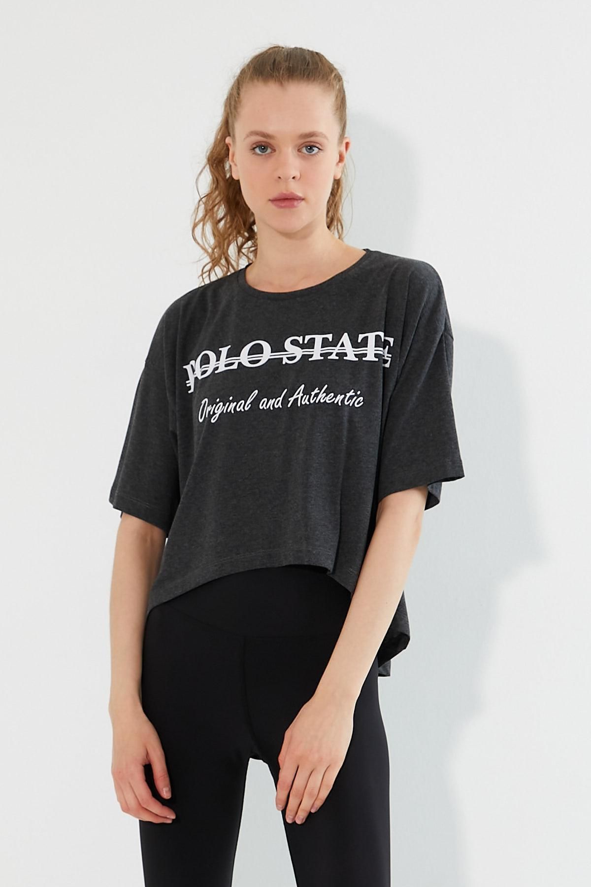 Polo State Kadın Baskılı Oversize T-shirt Antrasit