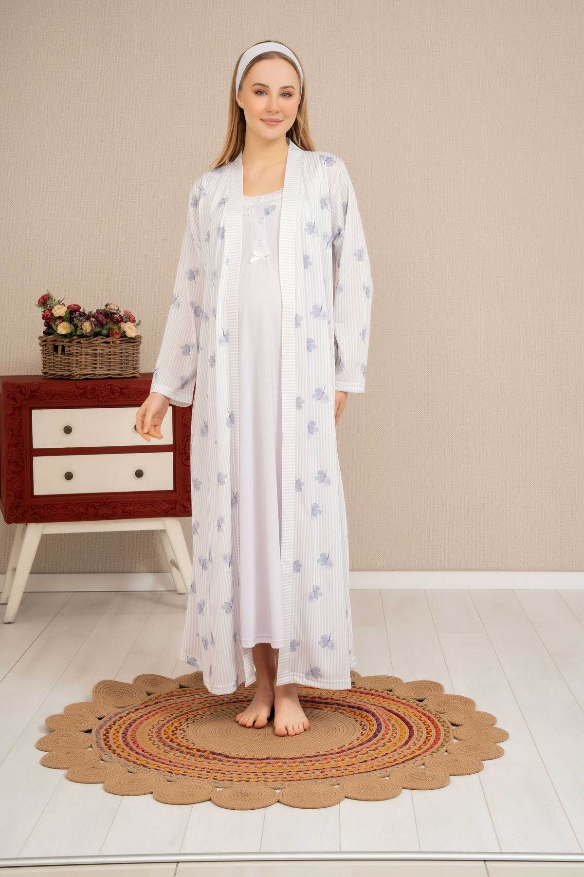 Pijamadam Kadın Lila Desenli Pamuklu Bandanalı Hamile Lohusa Gecelik Takımı