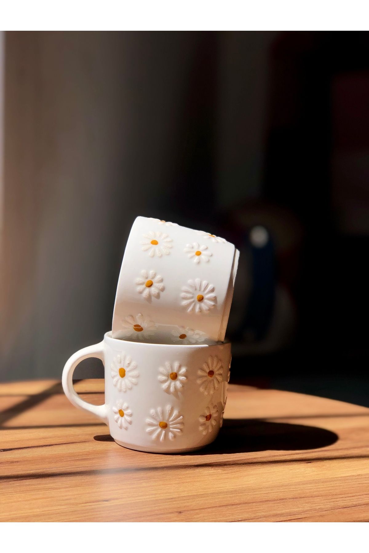 LAVINIA CERAMIC Sarı Papatya Kabartmalı El İşçiliği Seramik Çay ve Kahve Kupa Bardak İkili Set