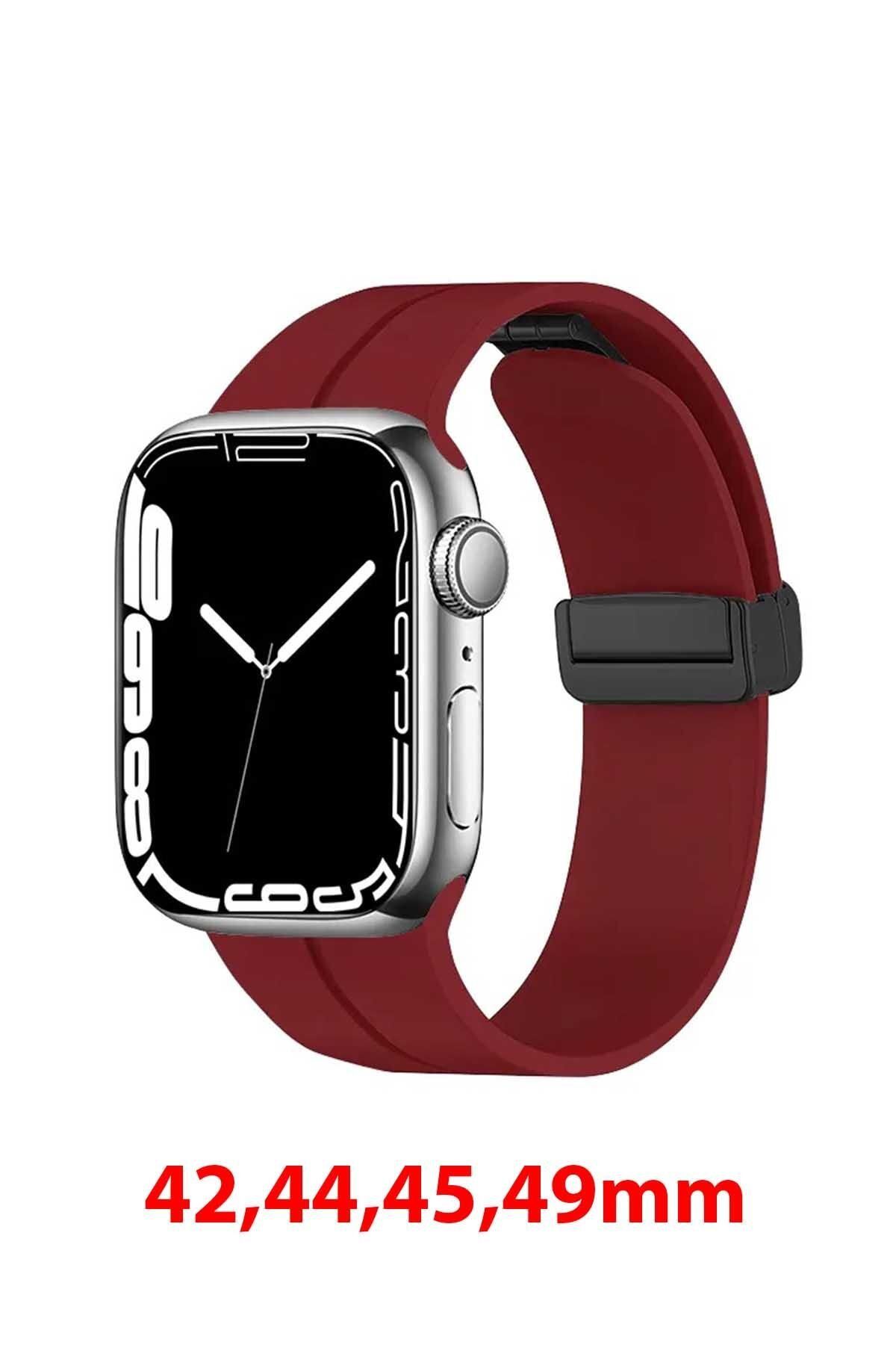 ShinyTECH Apple Watch Uyumlu Manyetik Klipsli Silikon Kordon Bordo