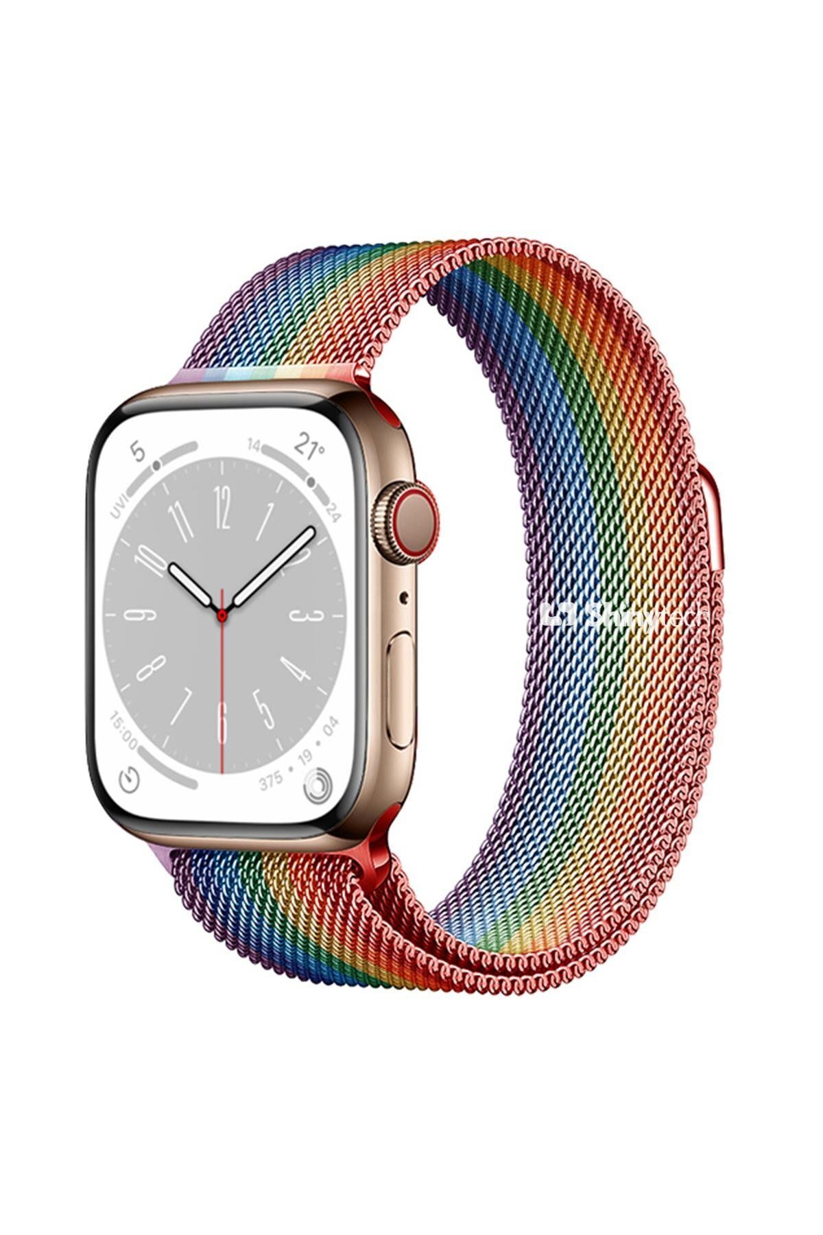 ShinyTECH Apple Watch Uyumlu Milano Loop Çelik Hasır Kordon Pride (Rainbow)