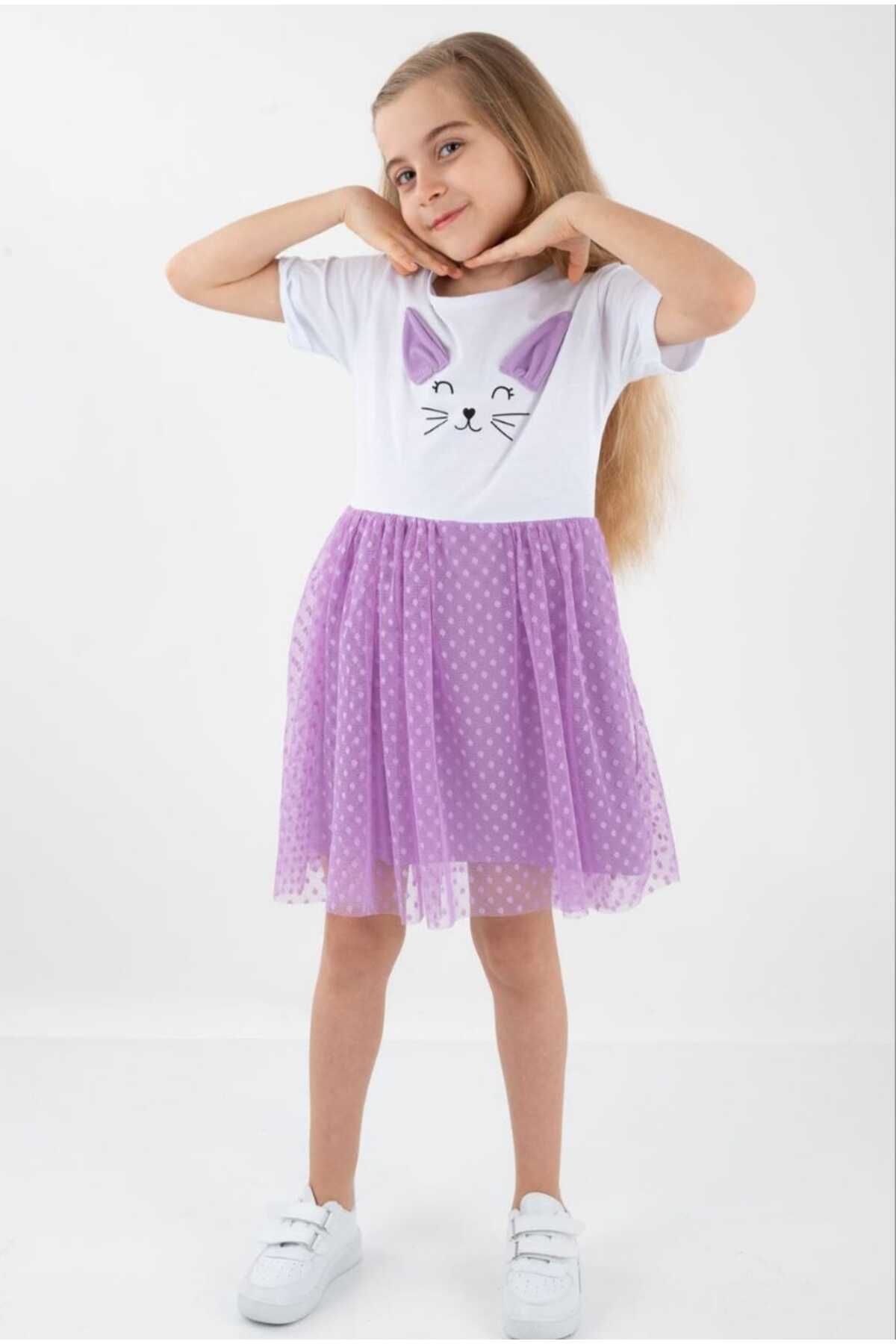 Elvinsa Tüllü Kedi Desenli yumuşak dokulu lila Kız Çocuk Tütülü Elbise
