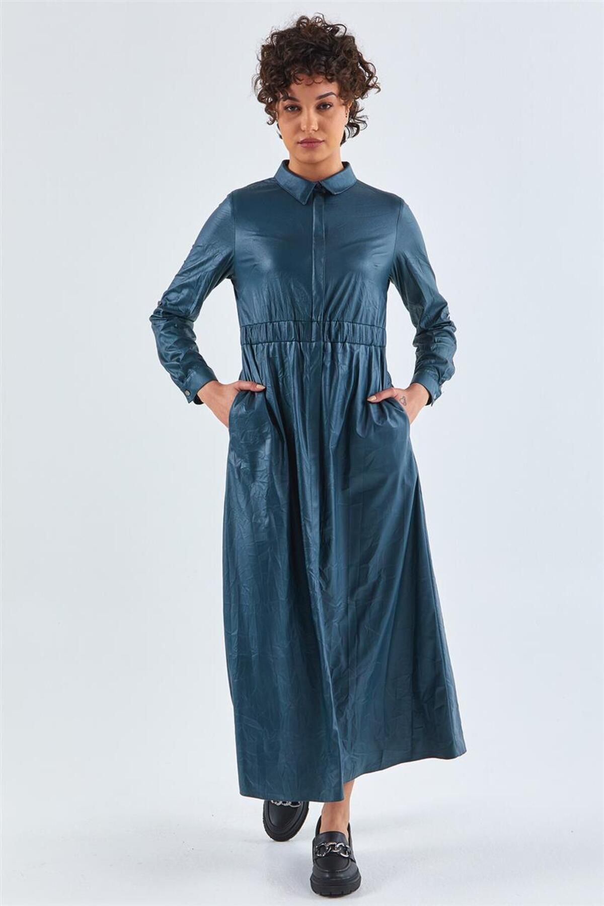Kayra Deri Görünümlü Petrol Elbise