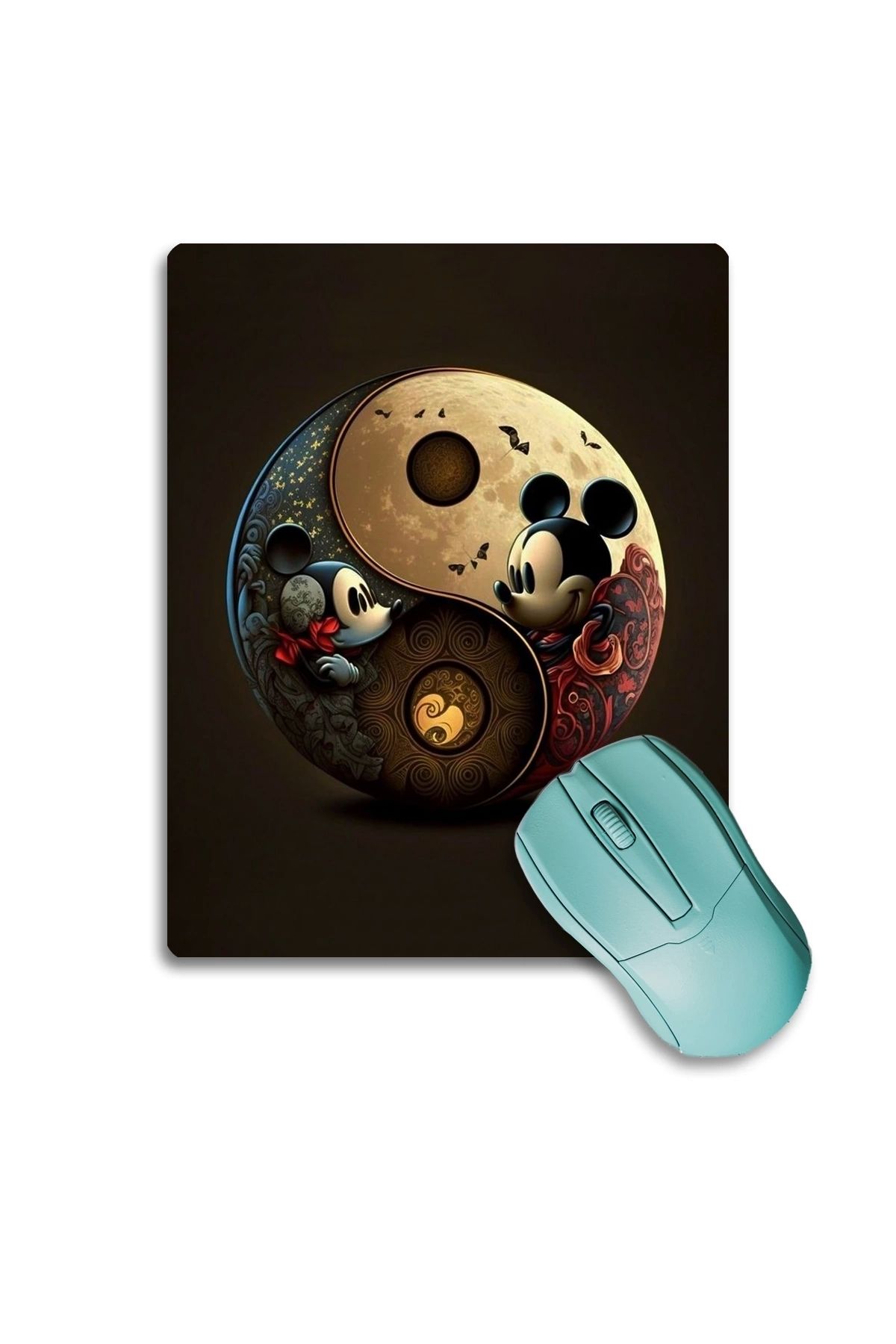 SonicTouch Kahverengi Miki Fare Ying Yang Temalı Kaydırmaz Gaming Oyuncu Dikişsiz Mouse Pad/Ped 17x21cm