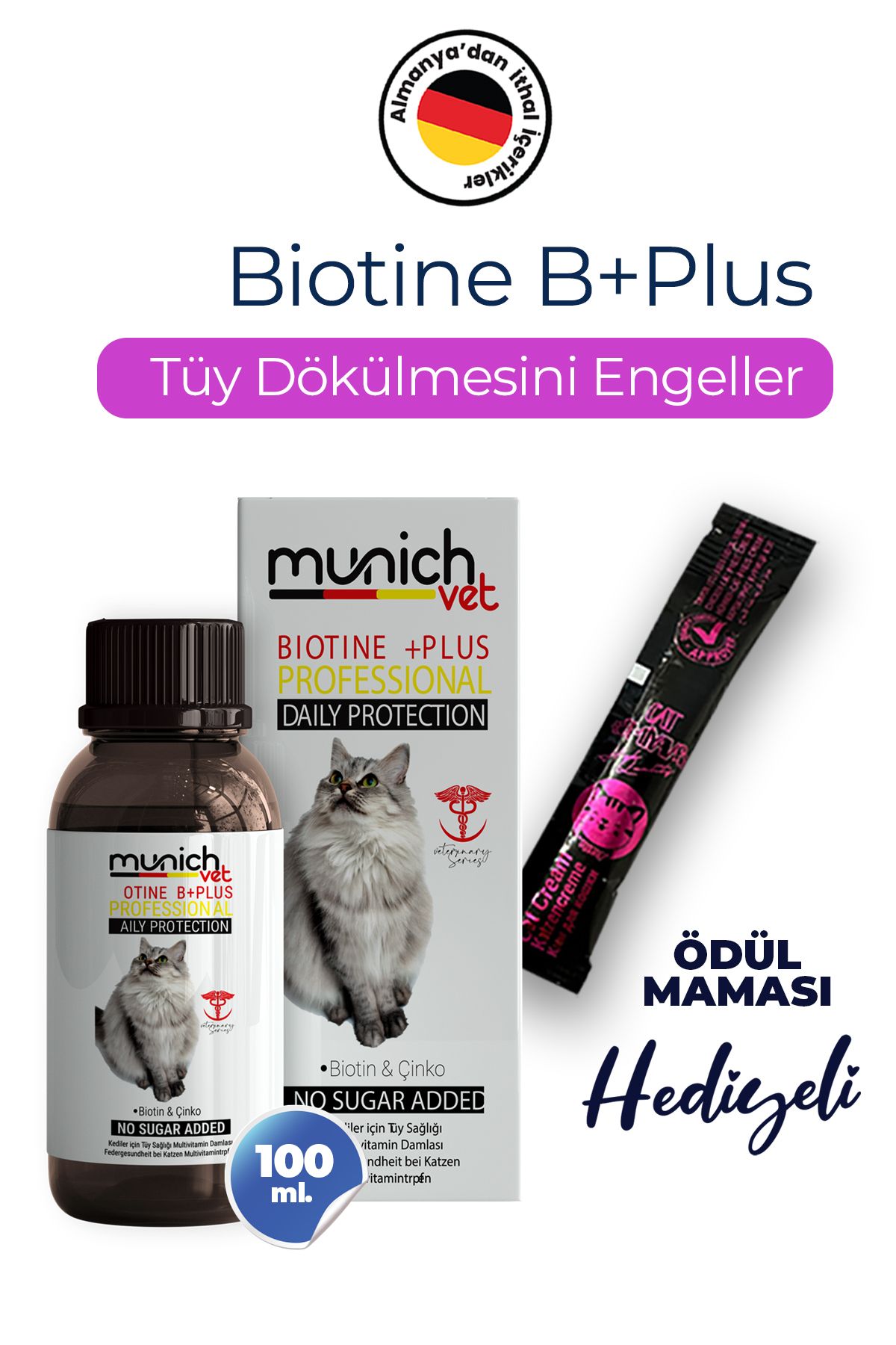 Munich Vet Biotine Plus Kedi Tüy Damlası 100ml (KEDILERINTÜY DÖKÜLMESINI ENGELLER)