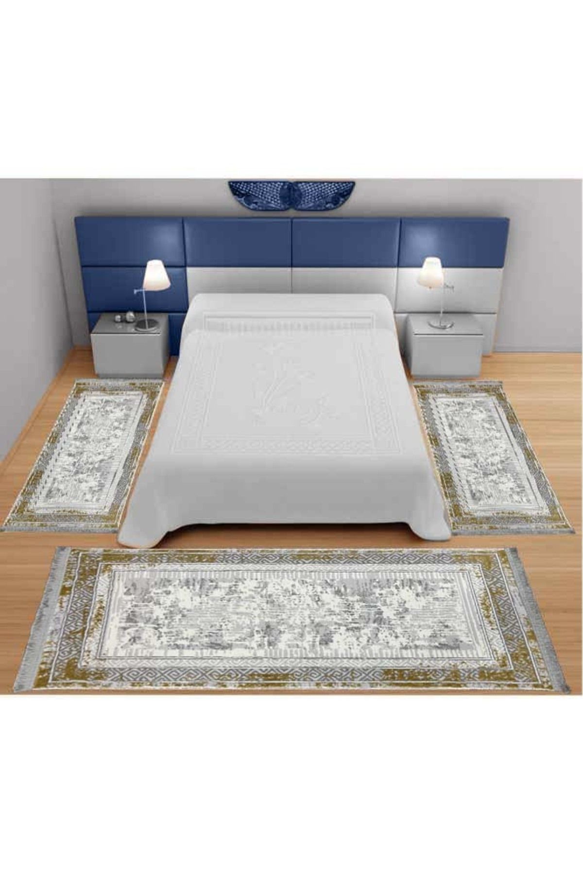 ünalcarpet 3'lü Modern Kalın Yatak Odası Halısı Sık Dokuma AntiAlerjik Beyaz Gold