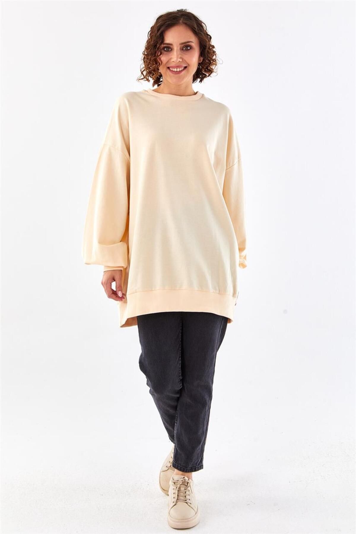 Levidor Oversize Basic Krem Sweatshirt