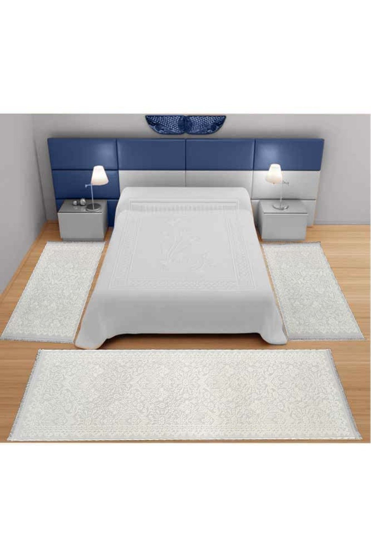 ünalcarpet 3'lü Modern Kalın Yatak Odası Halısı Sık Dokuma AntiAlerjik Beyaz Gri 05