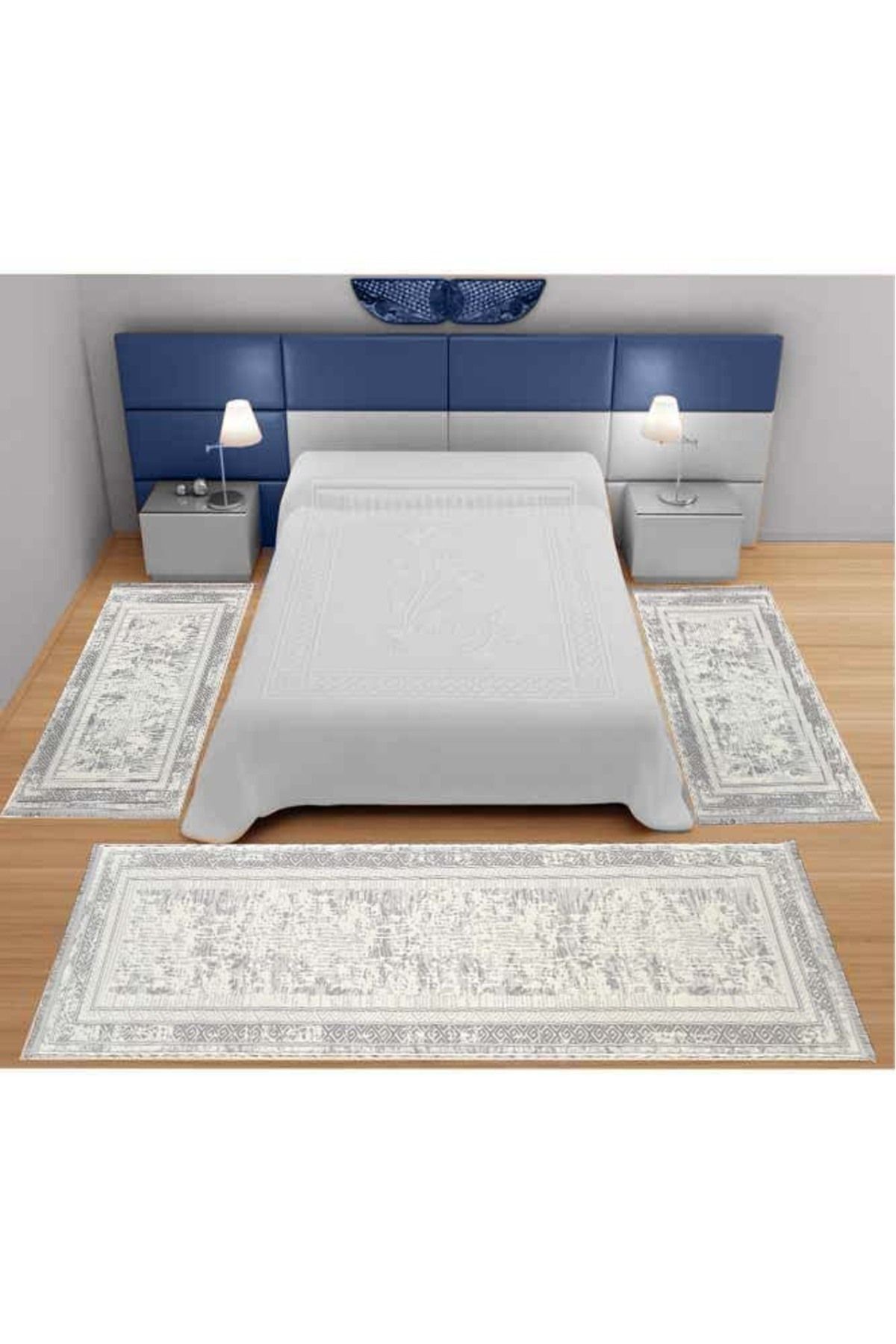 ünalcarpet 3'lü Modern Kalın Yatak Odası Halısı Sık Dokuma AntiAlerjik Beyaz Gri